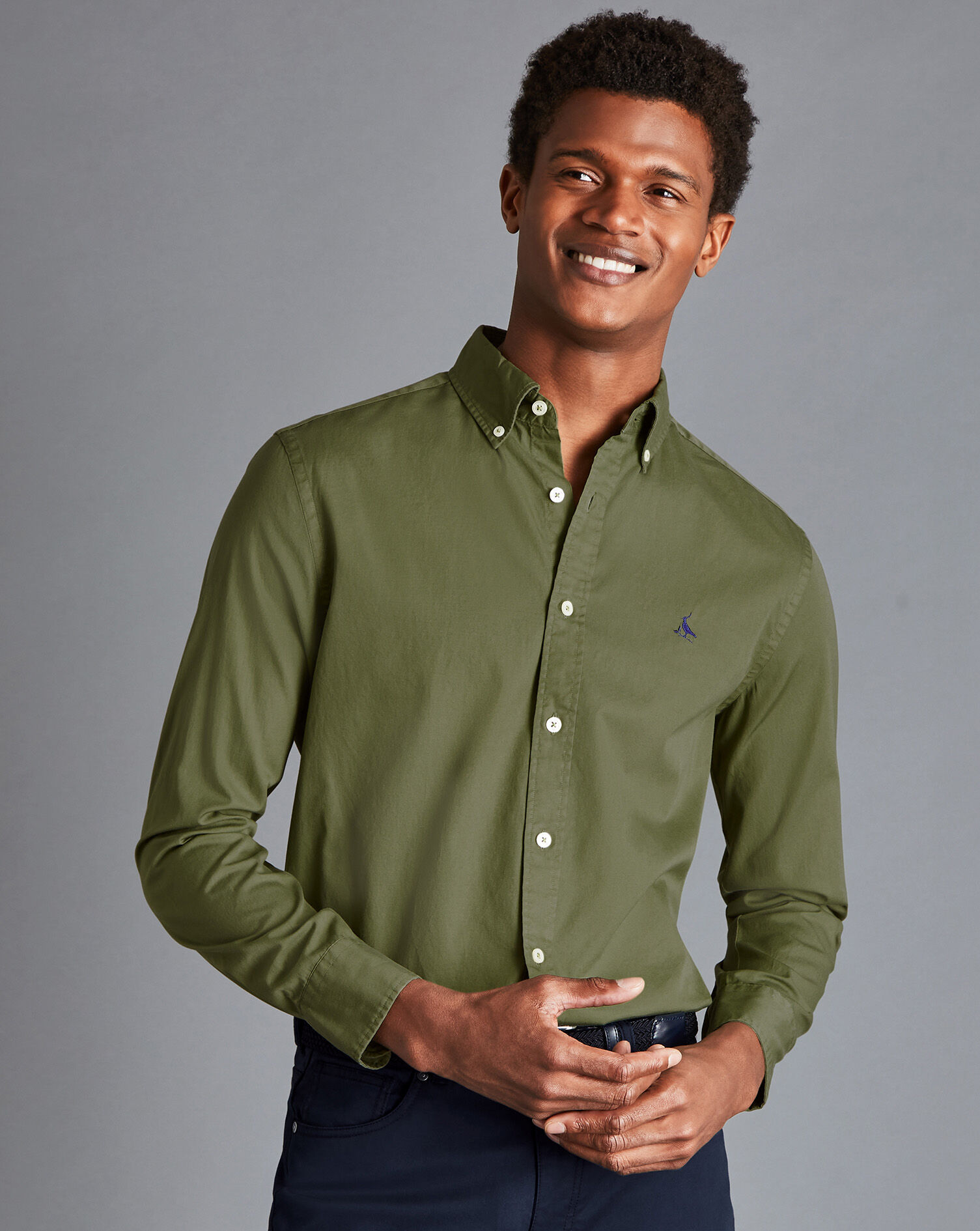 Button-Down Collar Washed Fine Twill Shirt - Olive Green