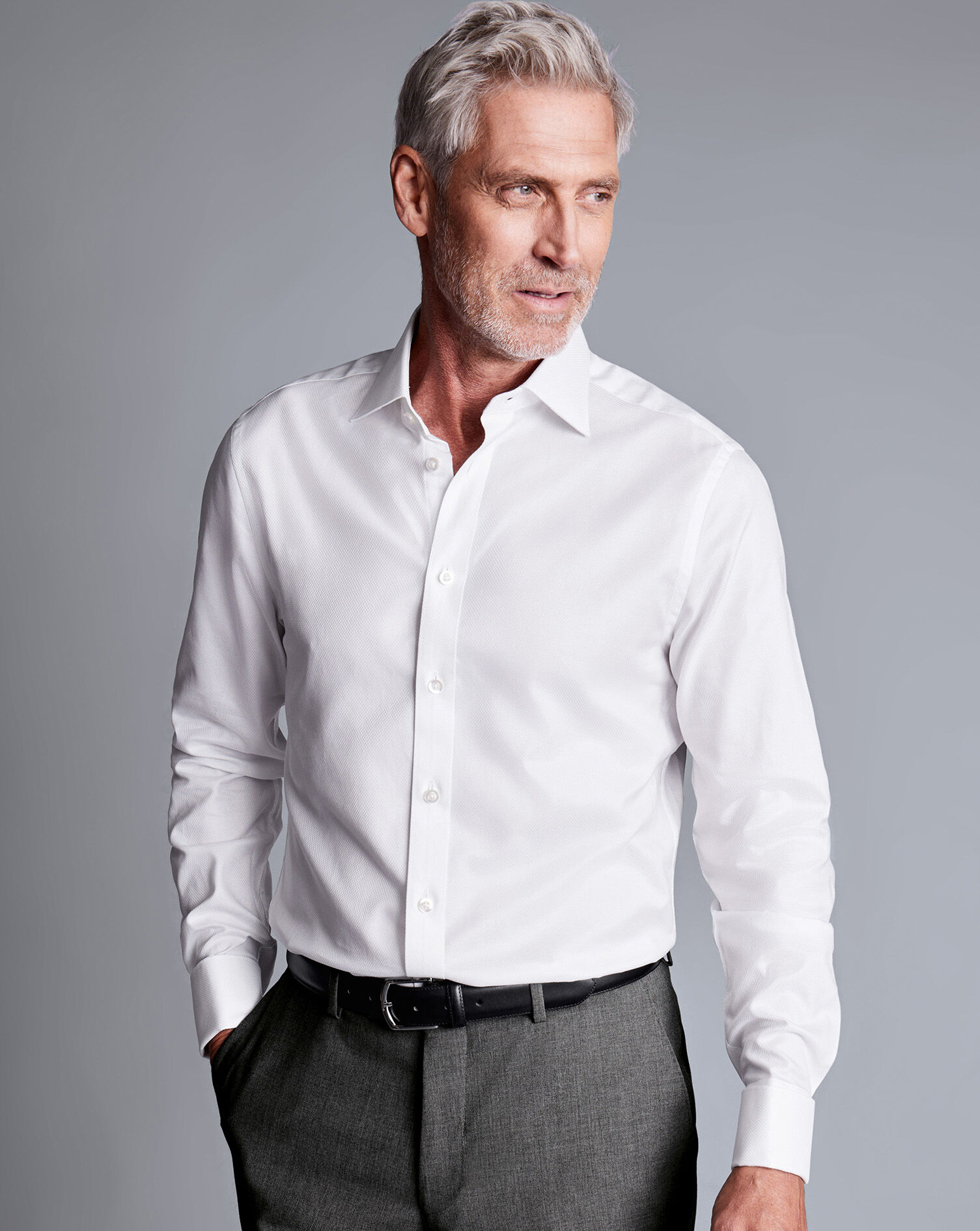Semi-Spread Collar Egyptian Cotton Hudson Weave Shirt - White