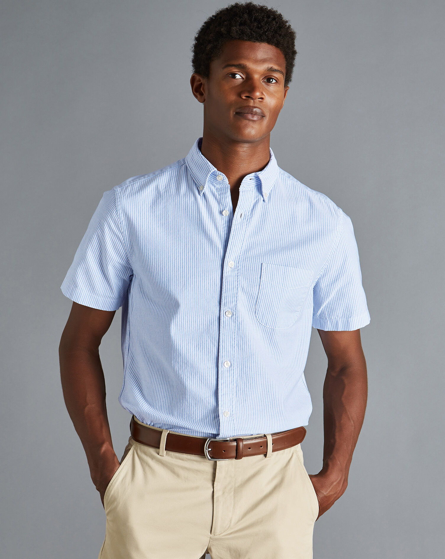 Button-Down Collar Washed Oxford Stripe Short Sleeve Shirt - Ocean Blue