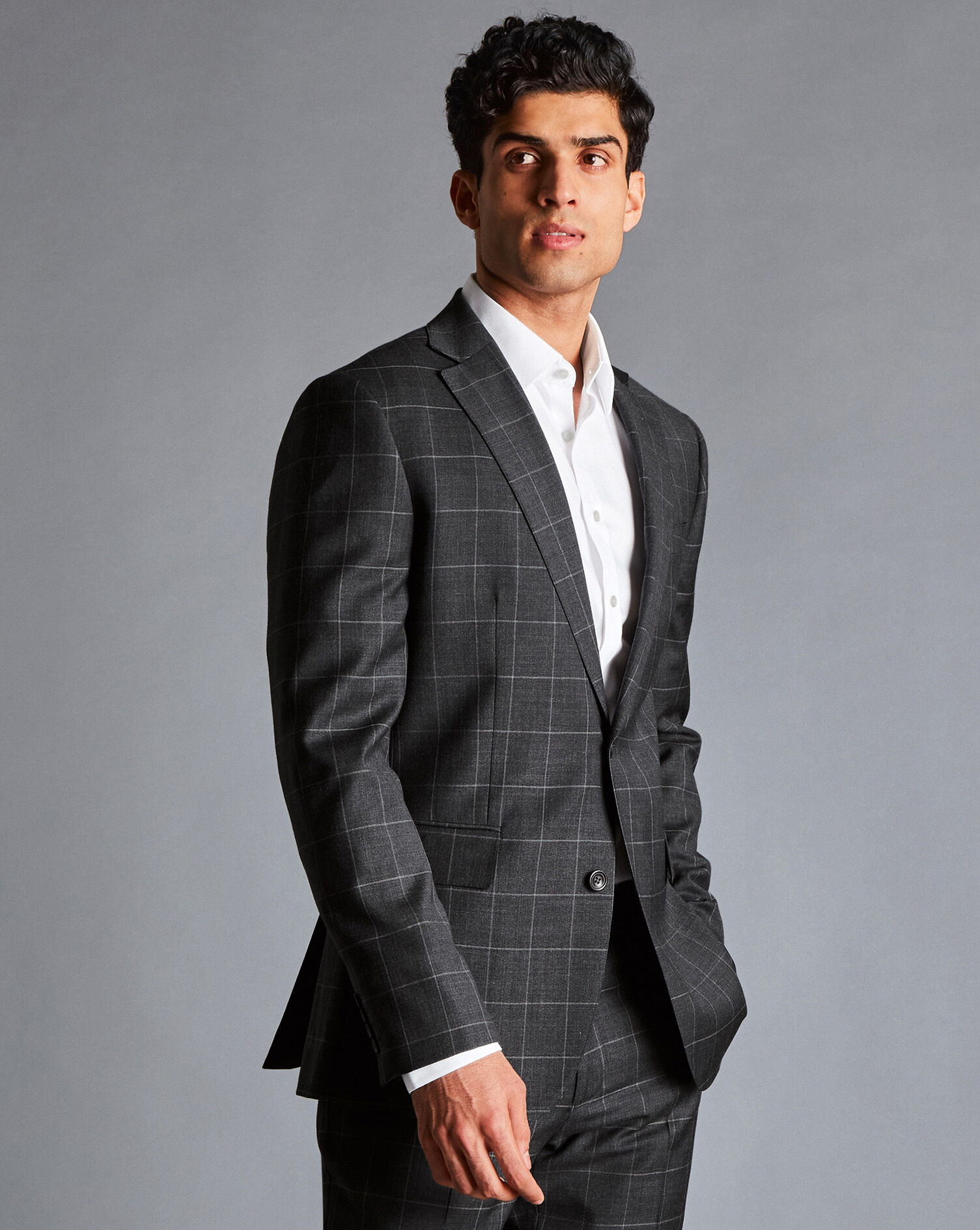 Windowpane Check Suit Jacket - Grey