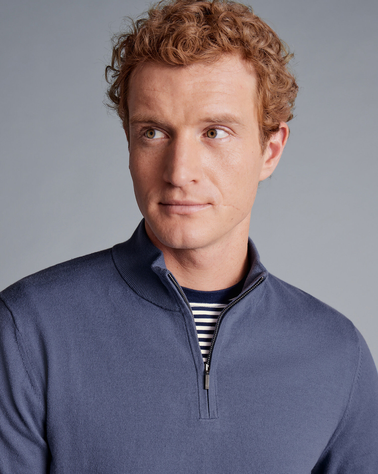 Combed Cotton Zip Neck Sweater - Heather Blue