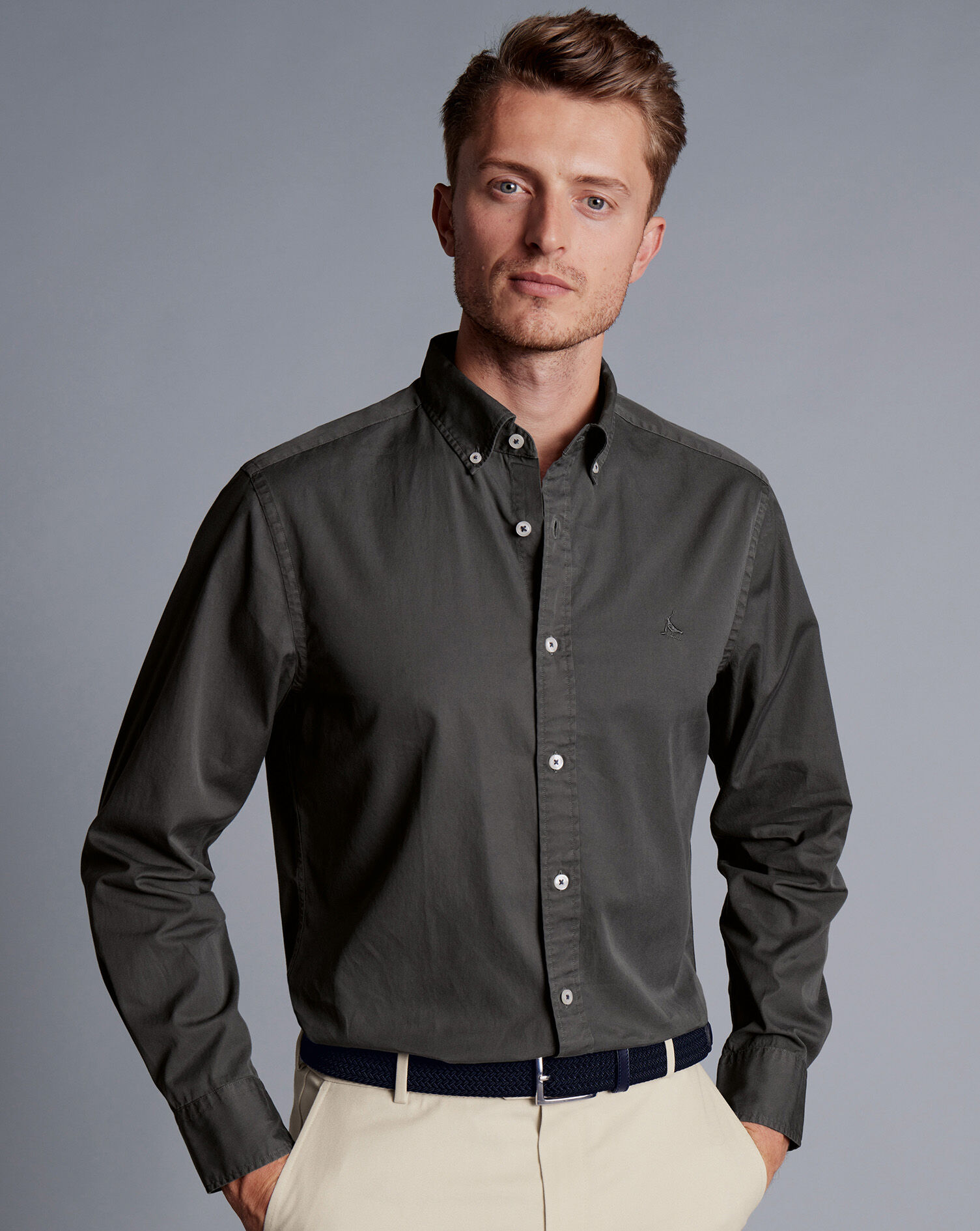 Button-Down Collar Washed Fine Twill Shirt - Charcoal Grey