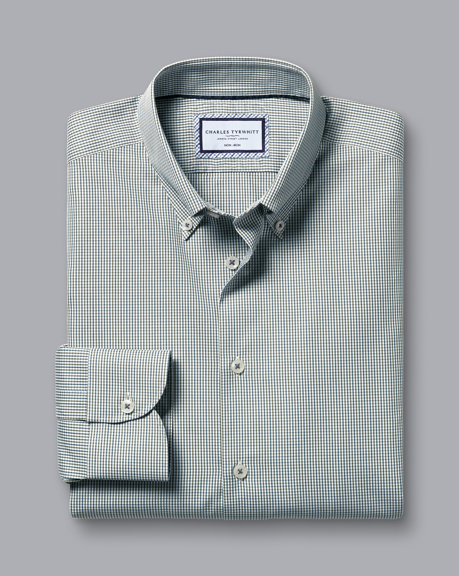 Button-Down Collar Non-Iron Gingham Check Shirt - Olive Green