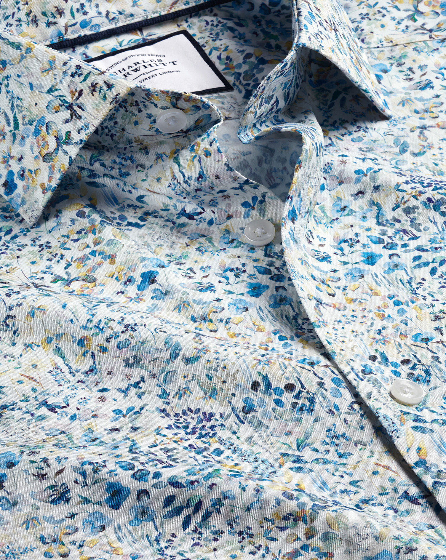 Made With Liberty Fabric Floral Print Semi-Spread Collar Shirt - Cobalt Blue