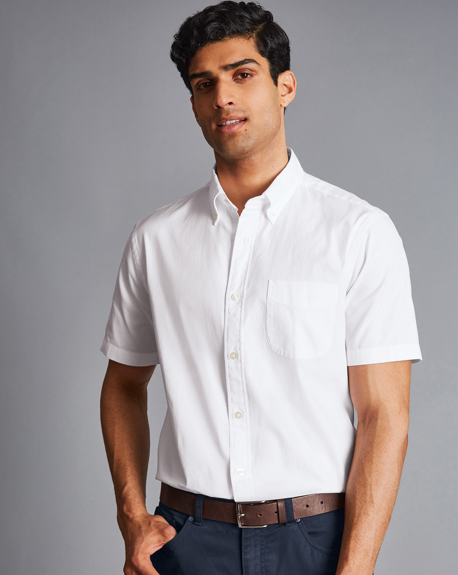 Button-Down Collar Washed Oxford Short Sleeve Shirt - White