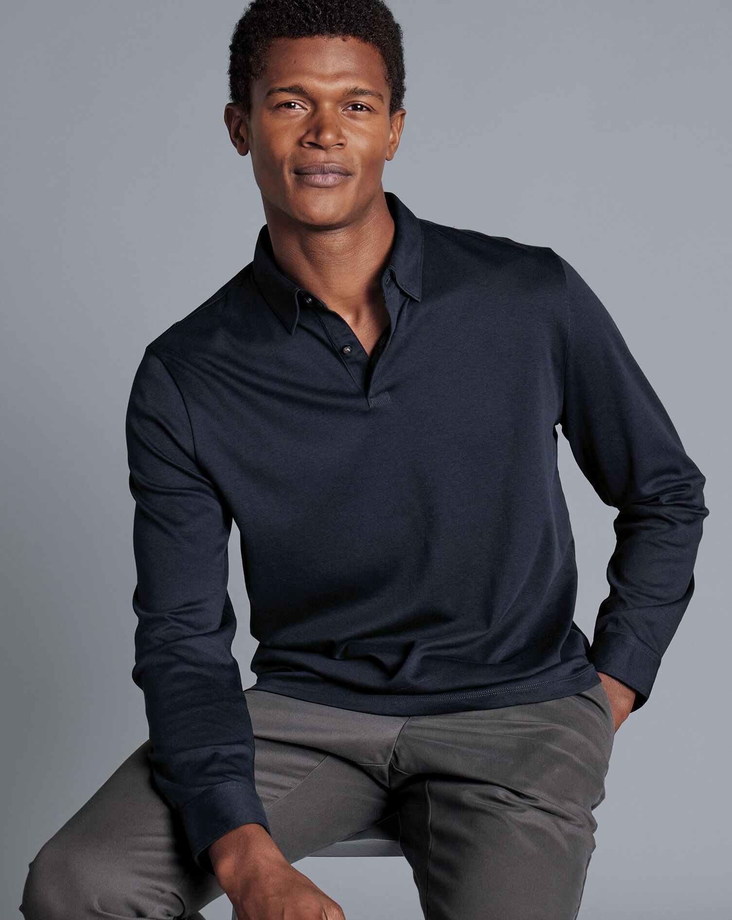 Combed Cotton Long Sleeve Polo - Dark Navy