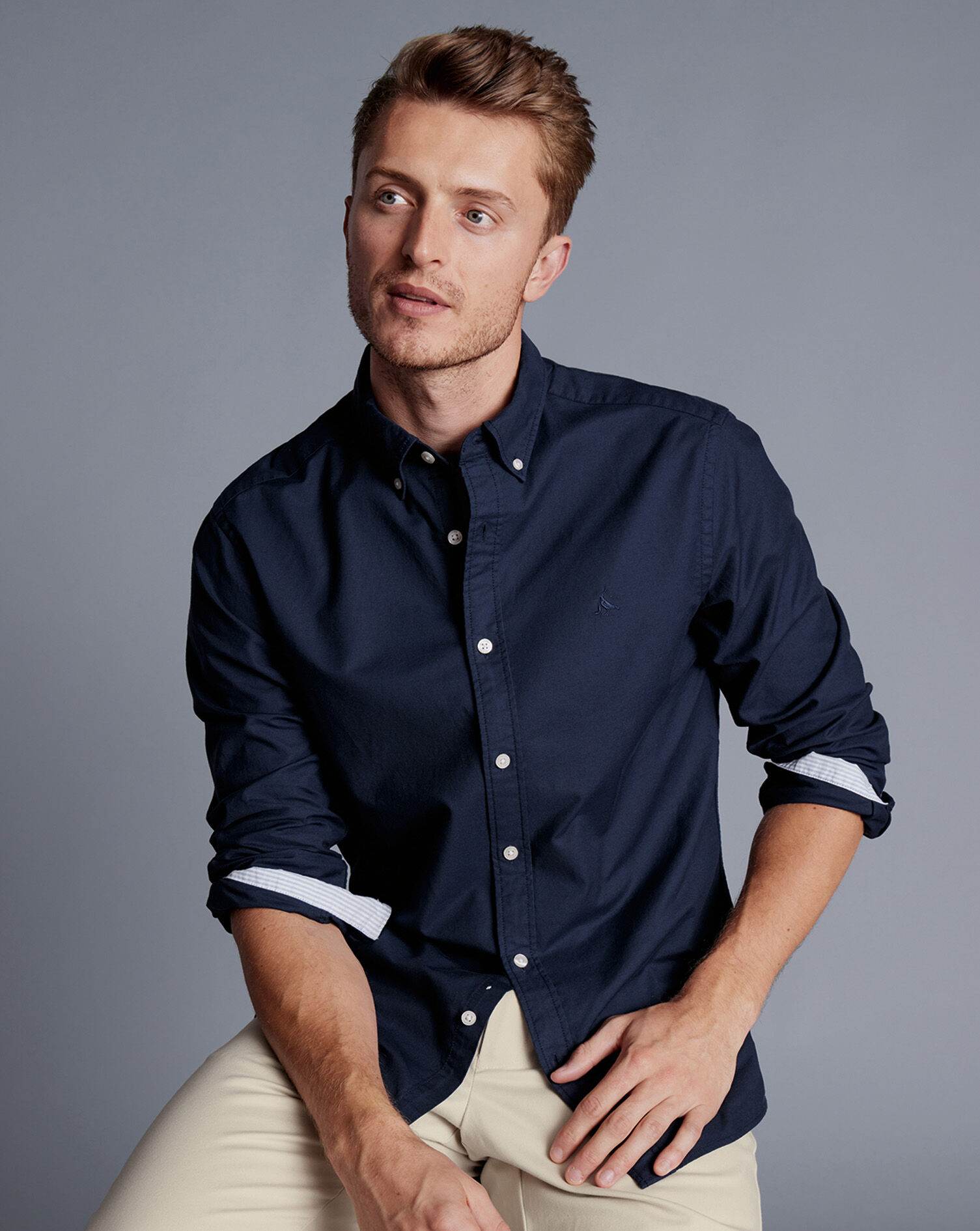 Button-Down Collar Washed Oxford Shirt - Navy Blue