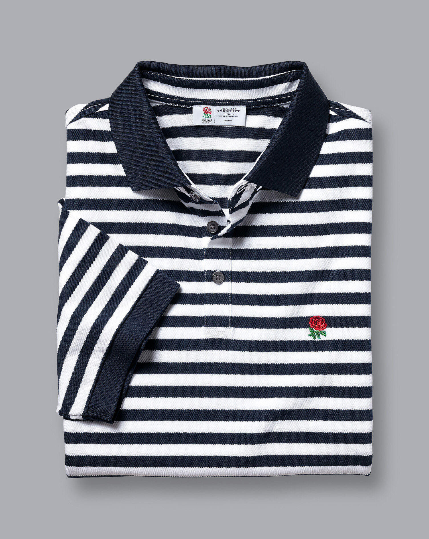 England Rugby Stripe Pique Polo - Navy & White