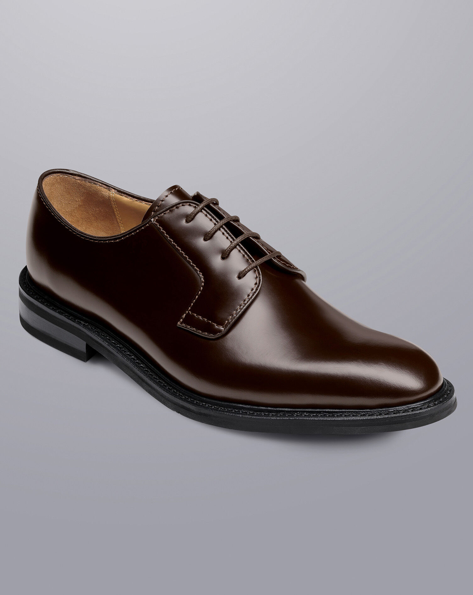 Rubber Sole High Shine Leather Derby Shoes - Dark Chocolate