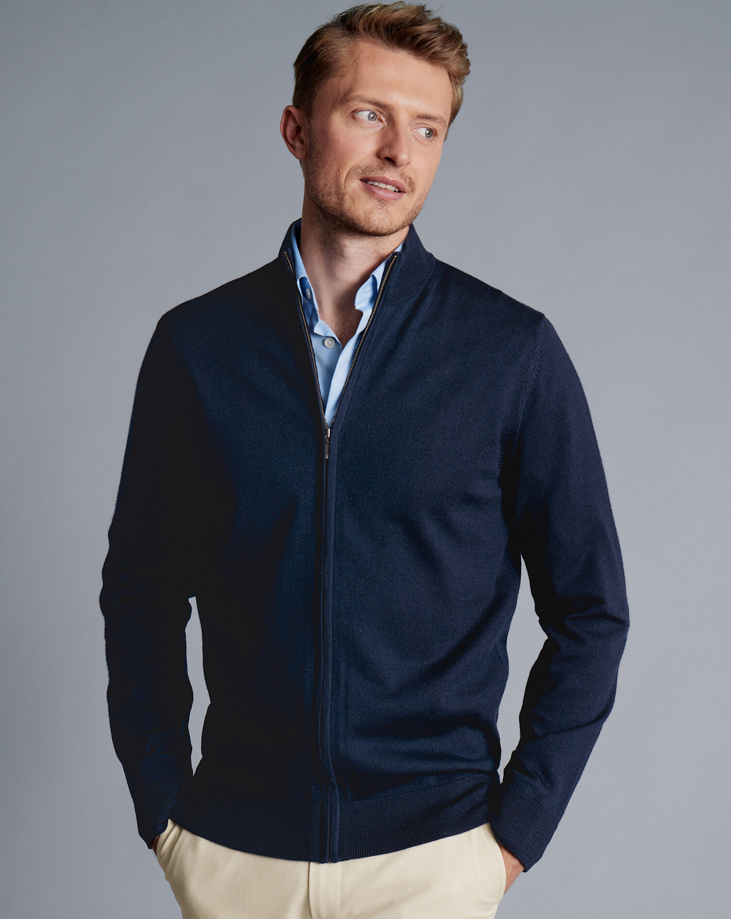Pure Merino Full Zip-Through Cardigan - Navy