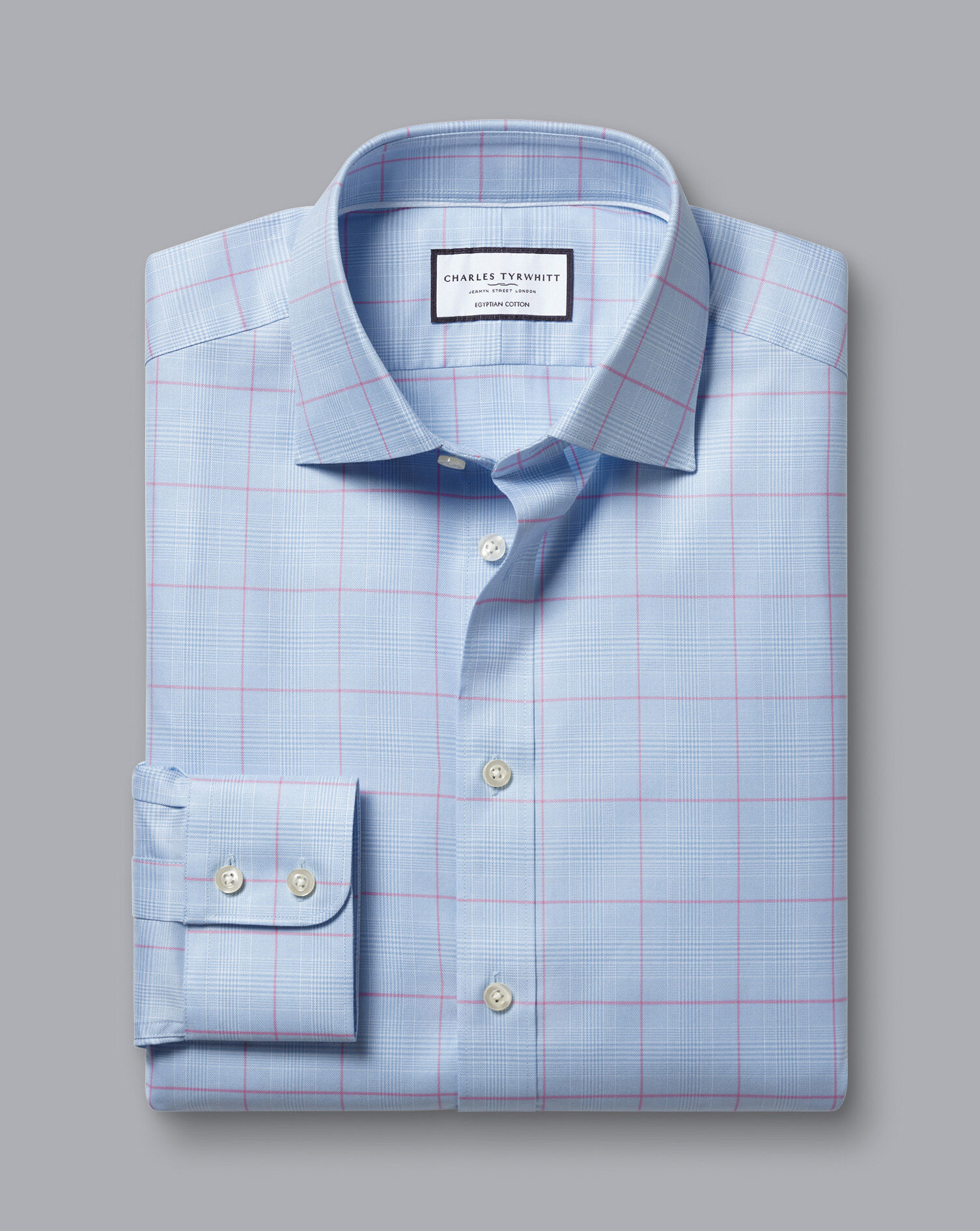 Semi-Spread Collar Egyptian Cotton Prince Of Wales Check Shirt - Sky Blue
