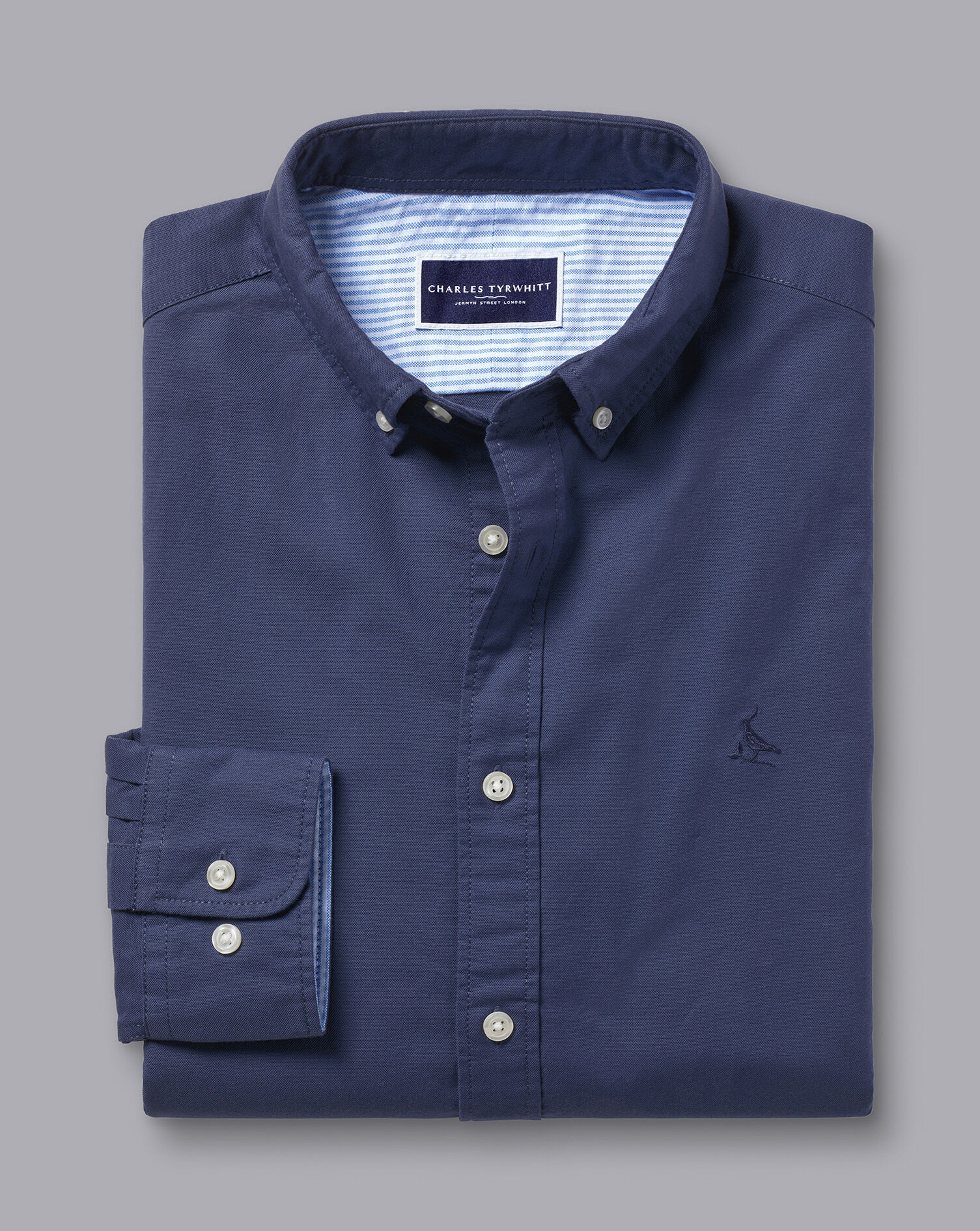 Button-Down Collar Washed Oxford Plain Shirt - Heather Blue