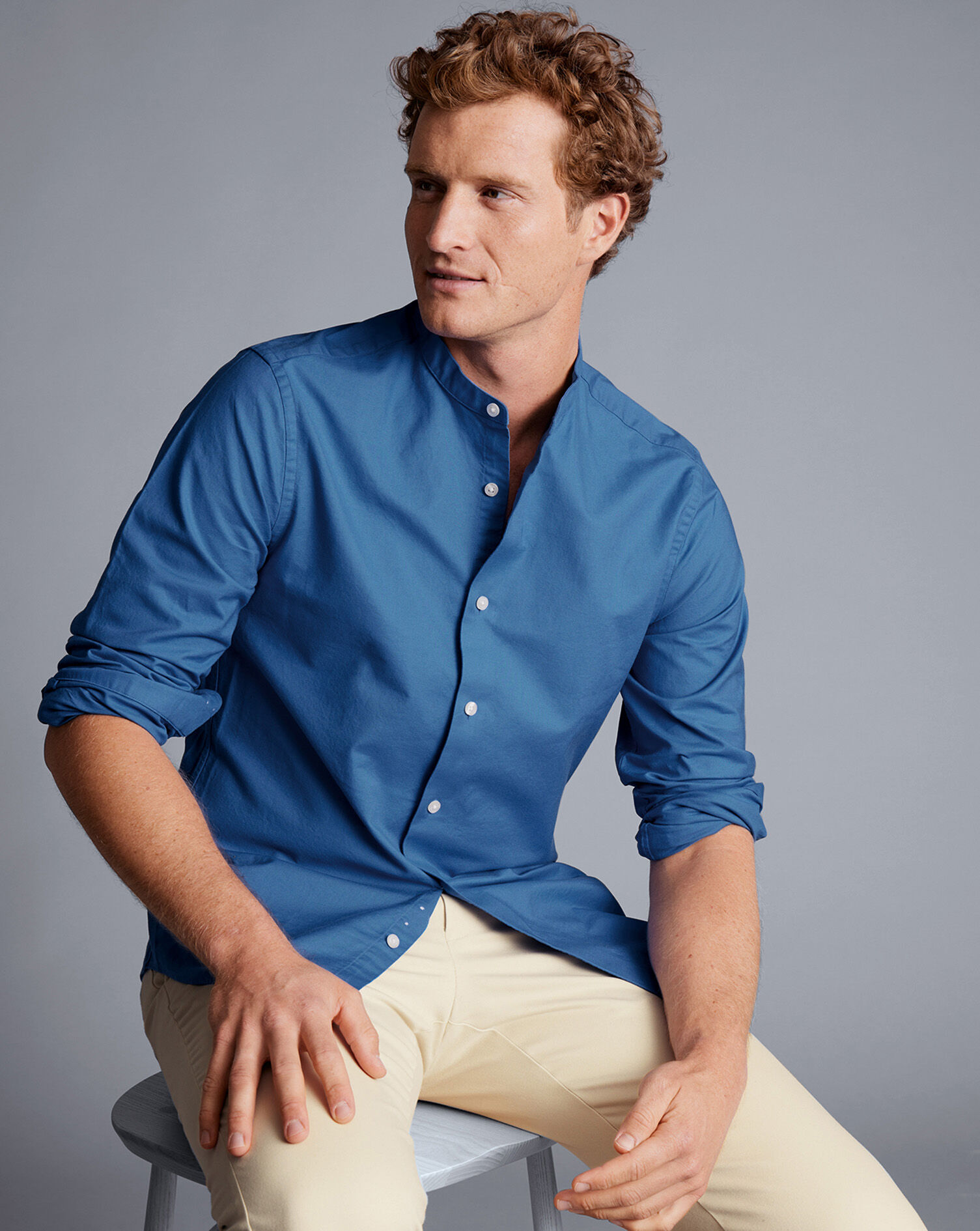 Collarless Washed Oxford Shirt - Ocean Blue