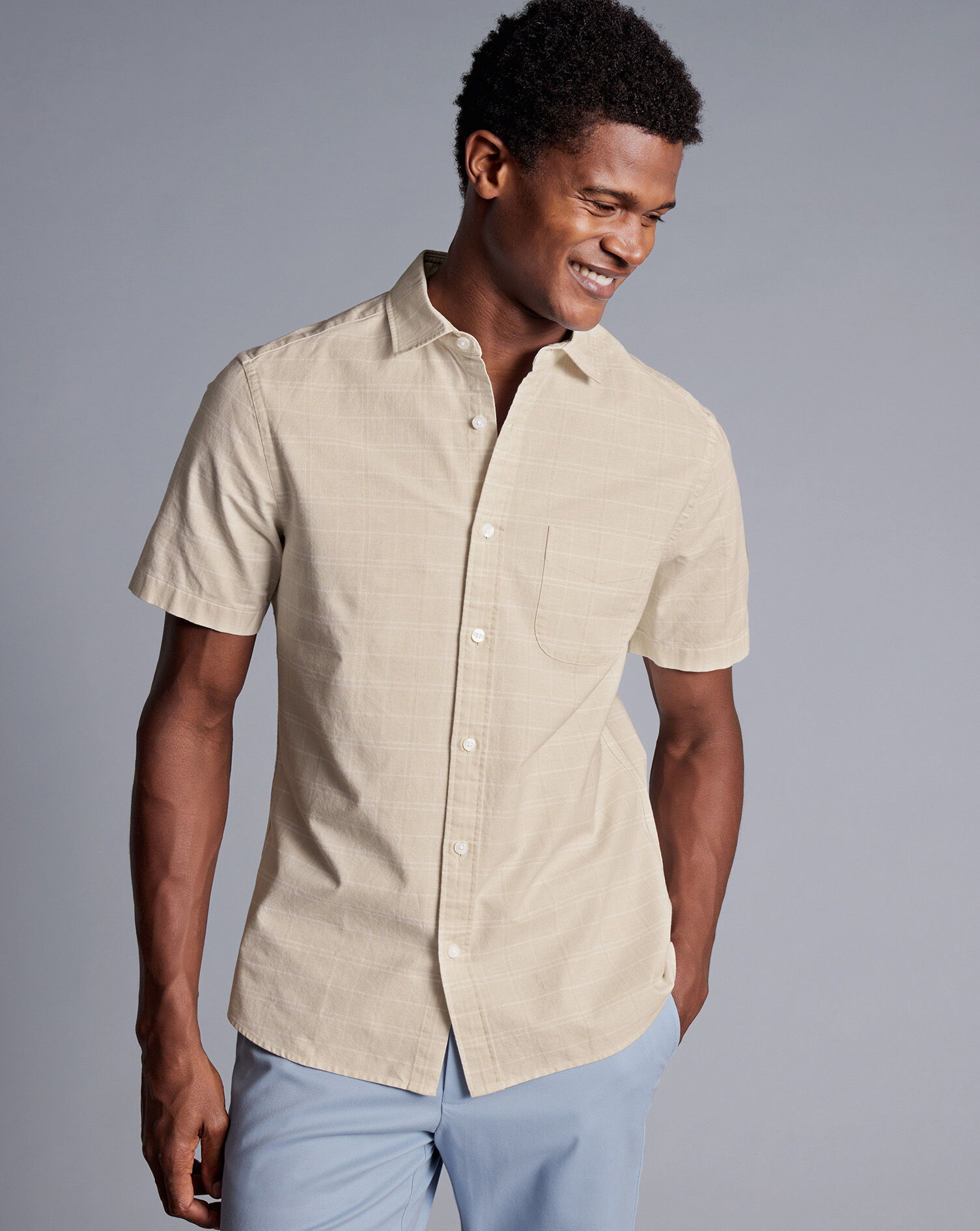 Cotton Linen Check Short Sleeve Shirt - Oatmeal