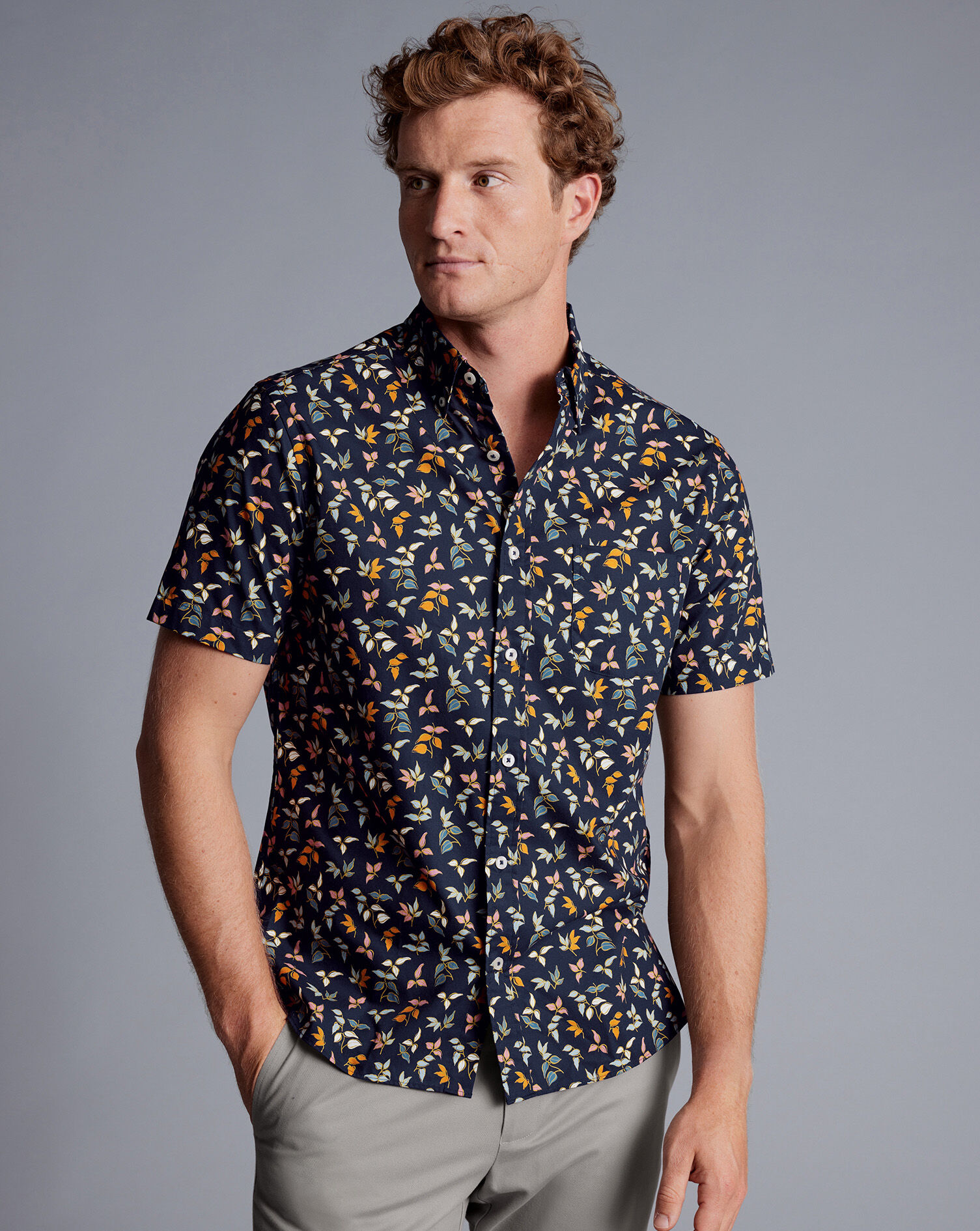 Button-Down Collar Non-Iron Stretch Poplin Multi Leaf Print Short Sleeve Shirt - Navy