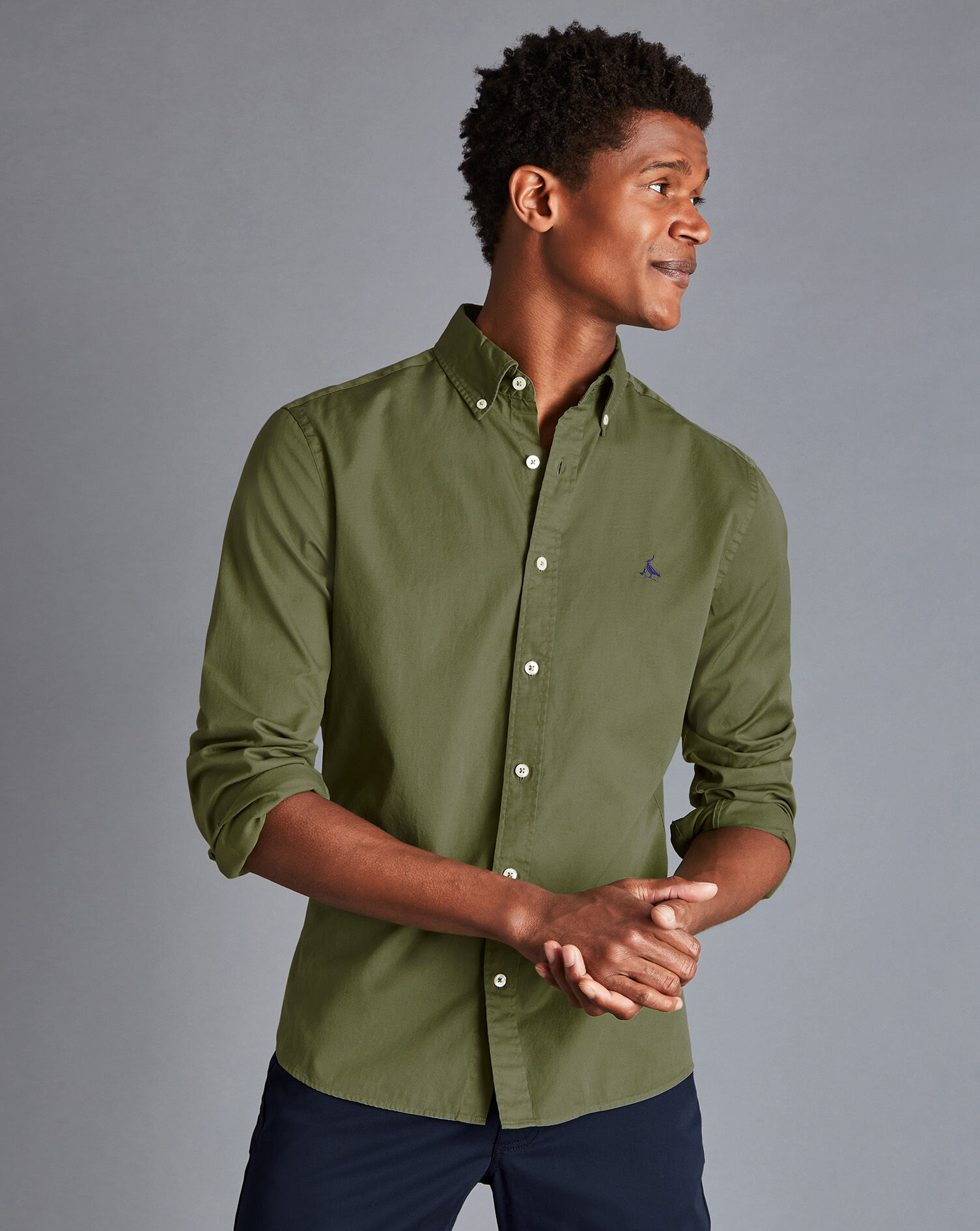 Button-Down Collar Washed Fine Twill Shirt - Olive Green
