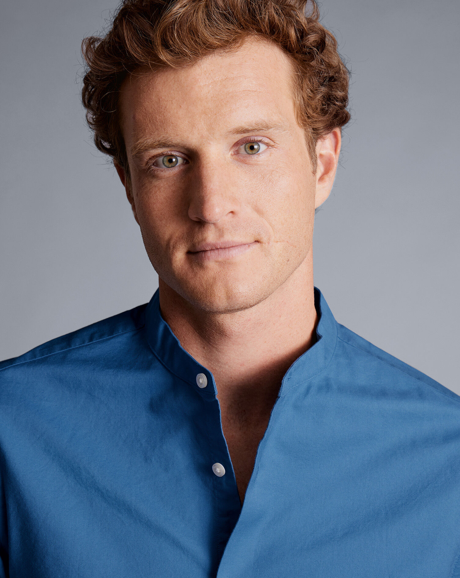 Collarless Washed Oxford Shirt - Ocean Blue