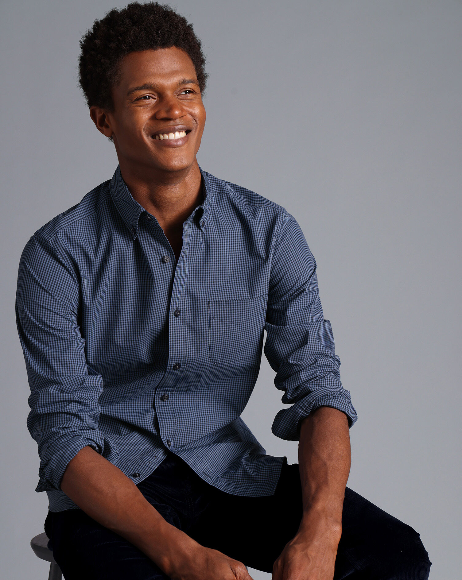 Button-Down Collar Non-Iron Stretch Poplin Mini Gingham Shirt - Indigo Blue