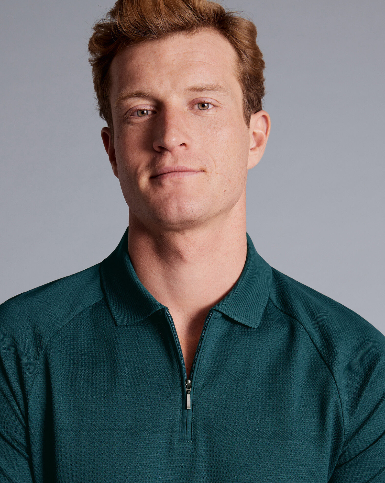 Popcorn Textured Tyrwhitt Cool Zip-Neck Polo - Teal Green