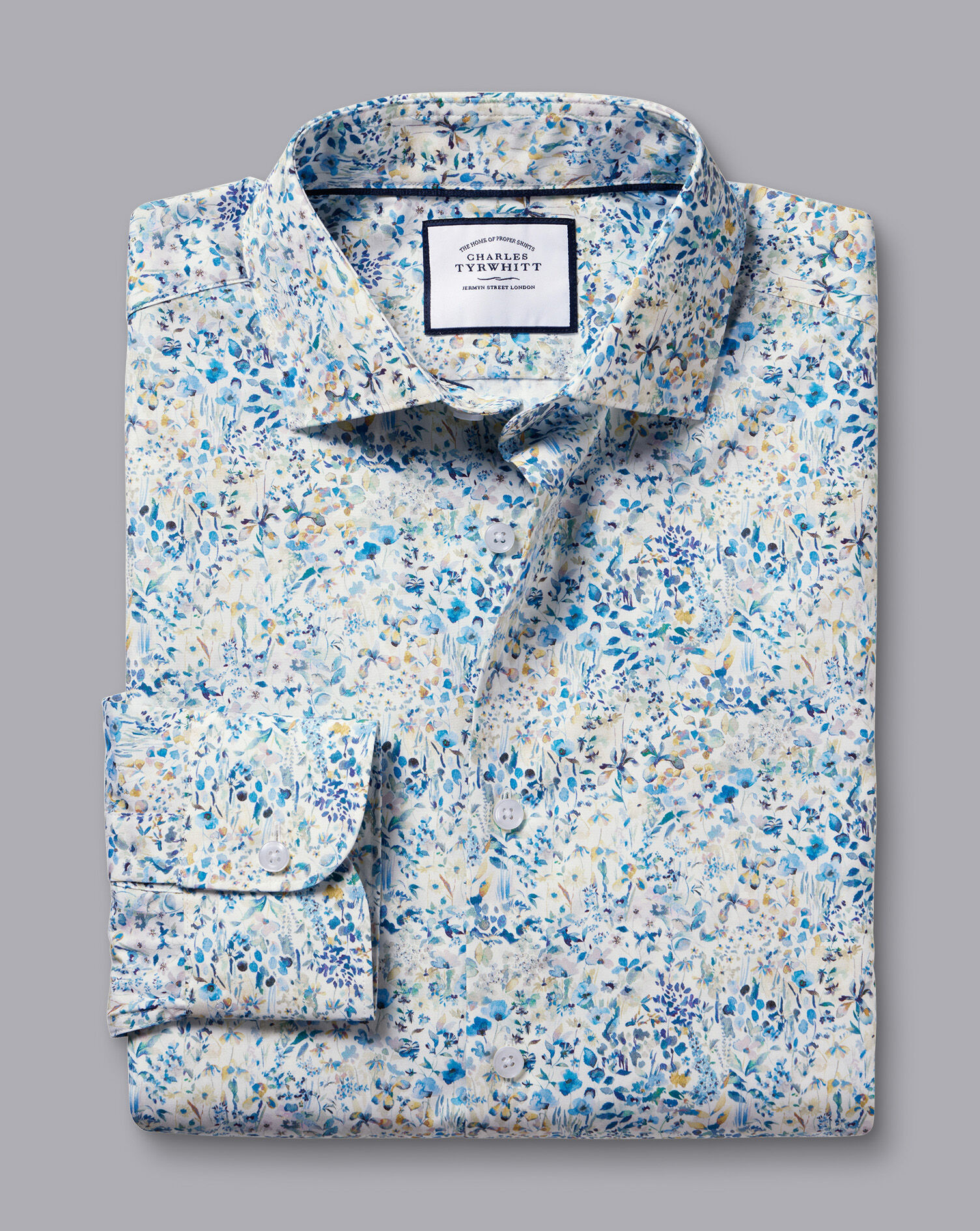 Made With Liberty Fabric Floral Print Semi-Spread Collar Shirt - Cobalt Blue