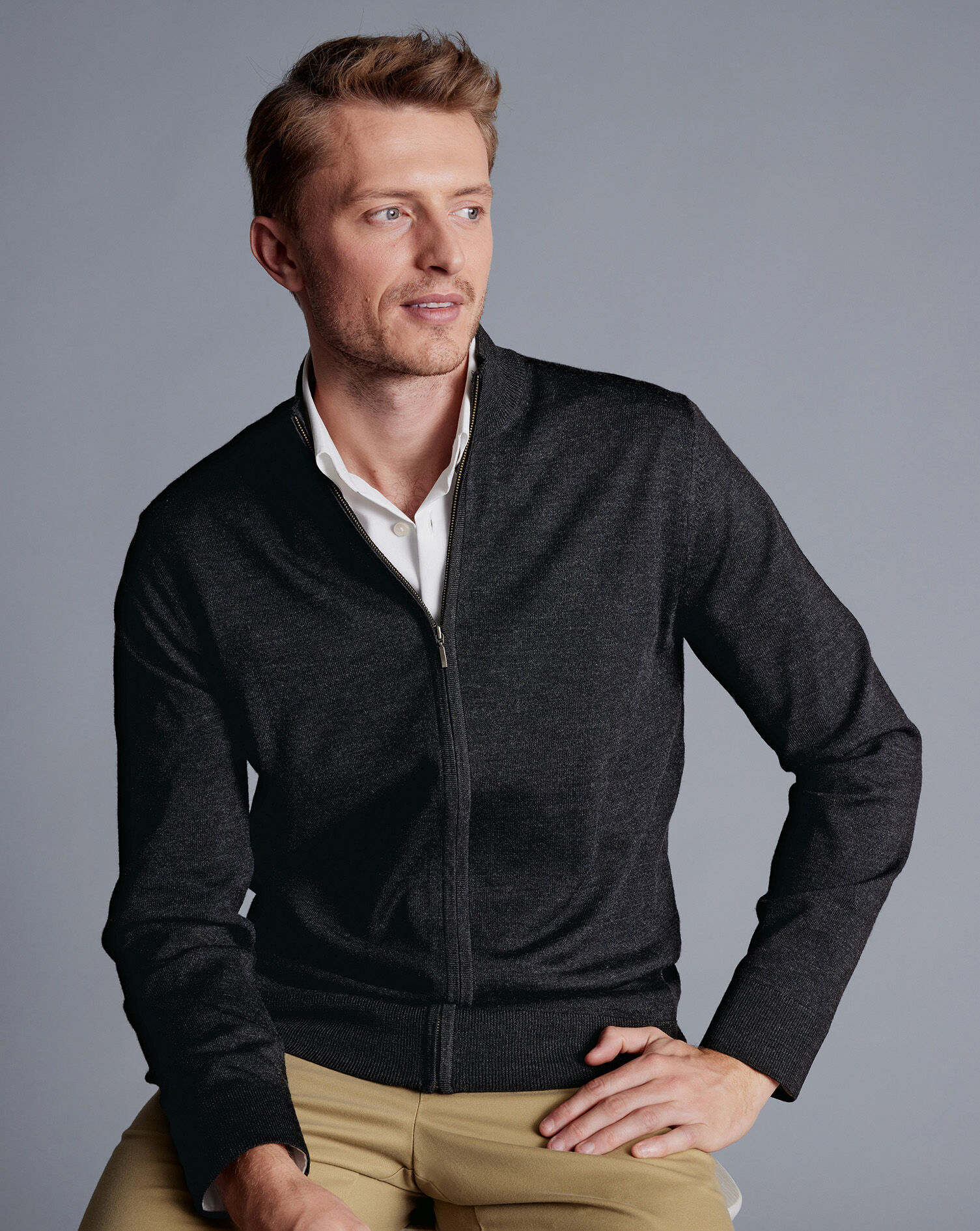 Pure Merino Full Zip-Through Cardigan - Charcoal Grey