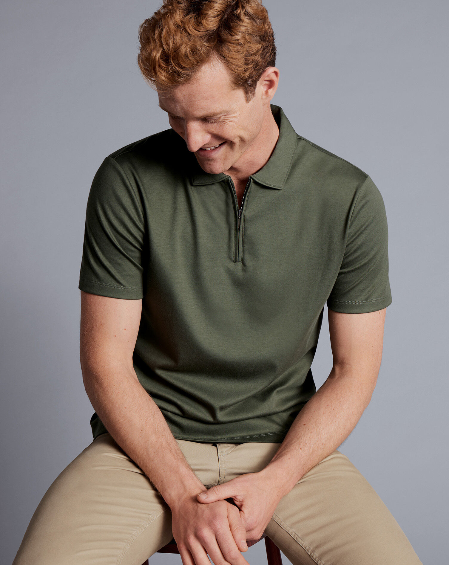 Zip-Neck Jersey Polo - Olive Green