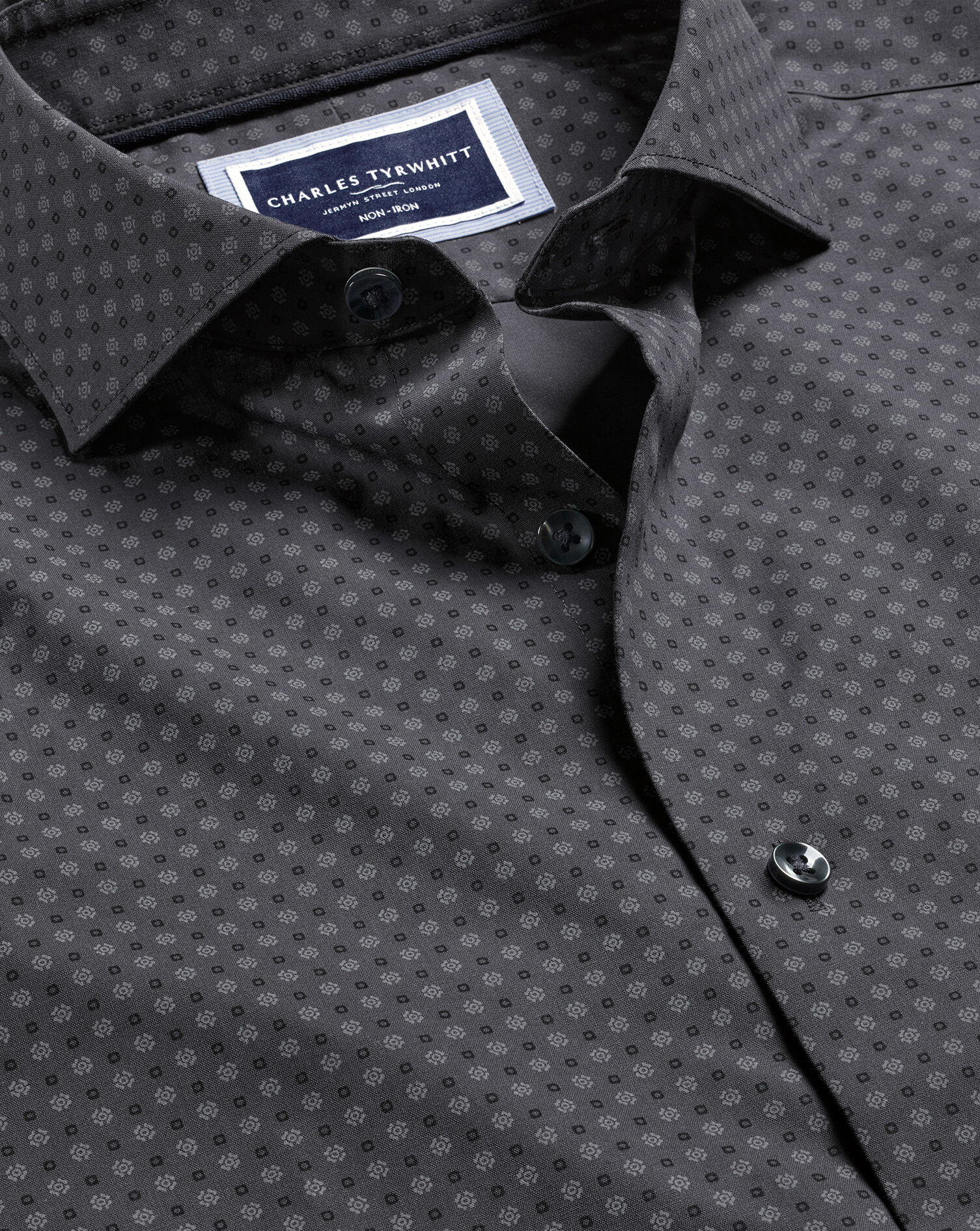 Semi-Spread Collar Medallion Print Non-Iron Shirt - Charcoal Grey