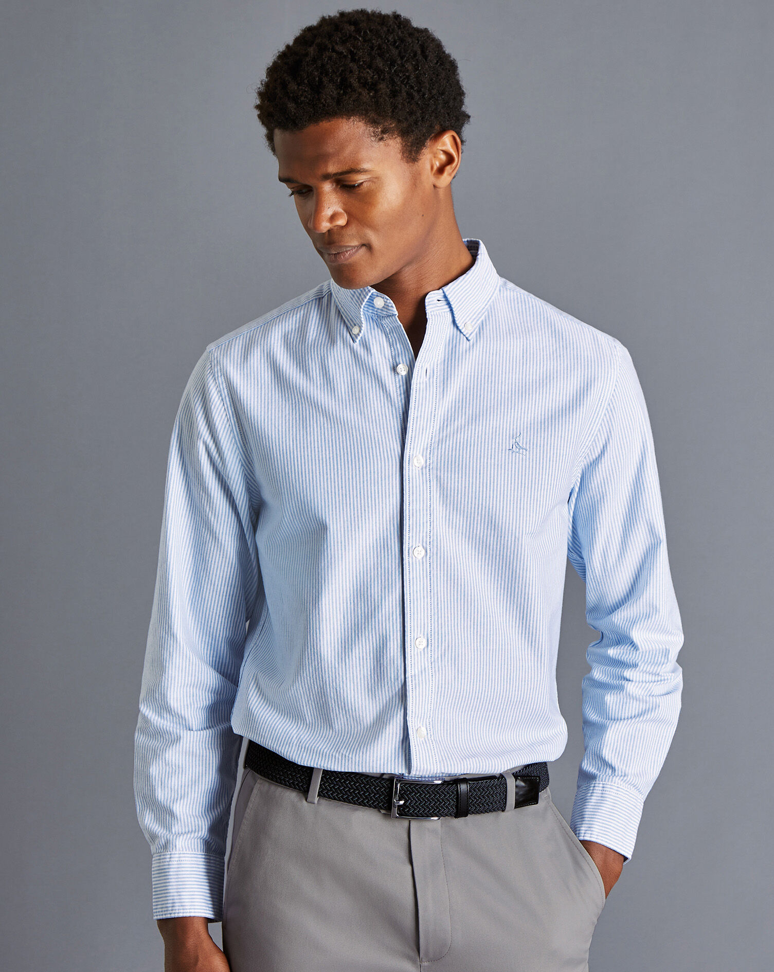 Button-Down Collar Washed Oxford Stripe Shirt - Ocean Blue