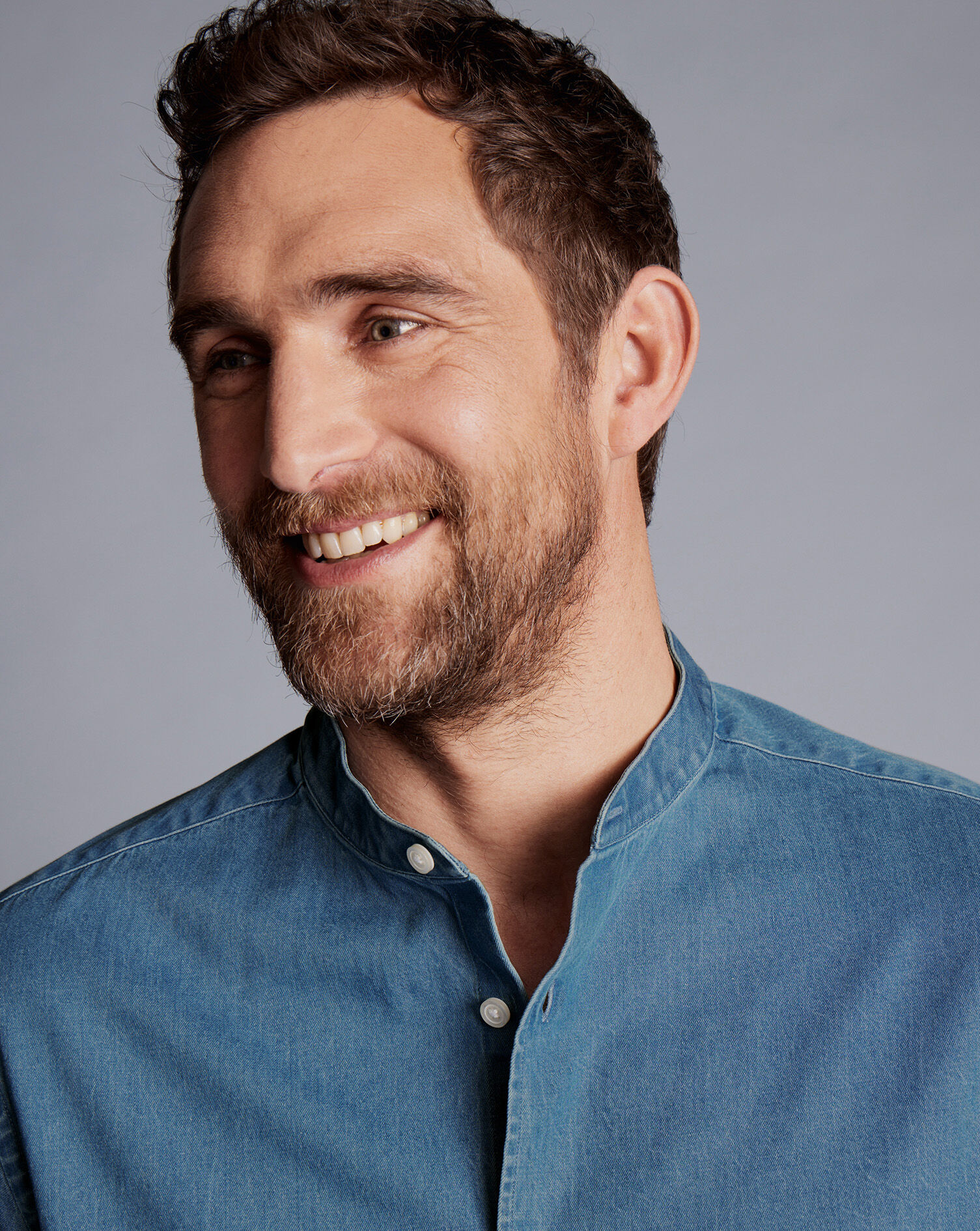 Collarless Denim Shirt - Ocean Blue