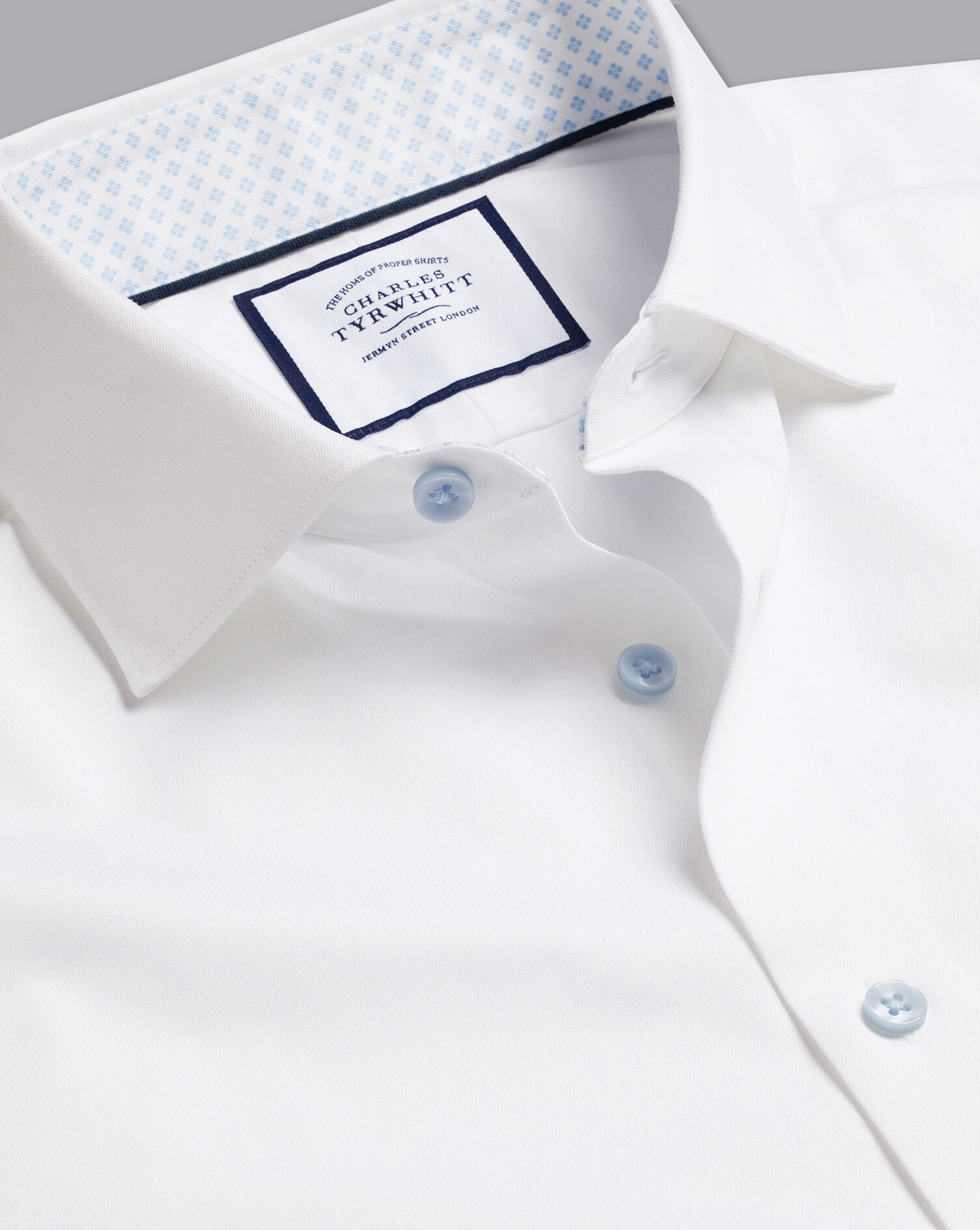 Semi-Spread Collar Twill Shirt with Printed Trim - White