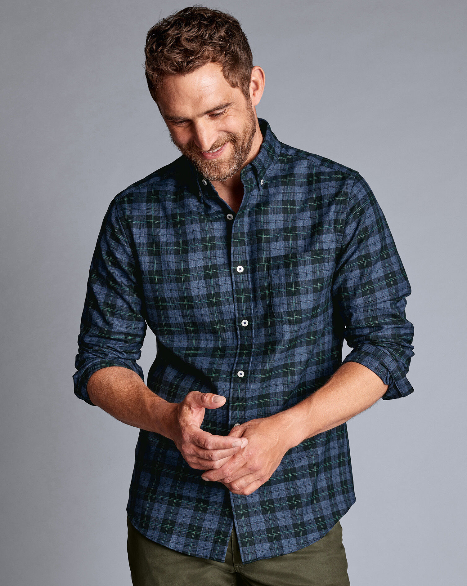Button-Down Collar Non-Iron Twill Overcheck Shirt - Green