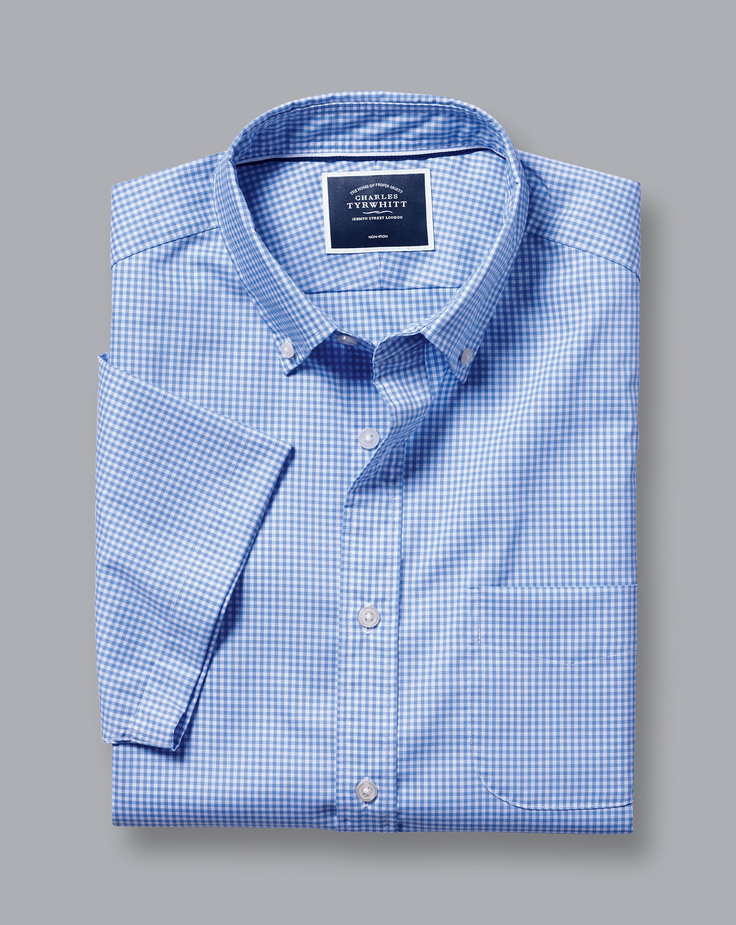 Button-Down Collar Non-Iron Stretch Mini Gingham Short Sleeve Shirt - Ocean Blue