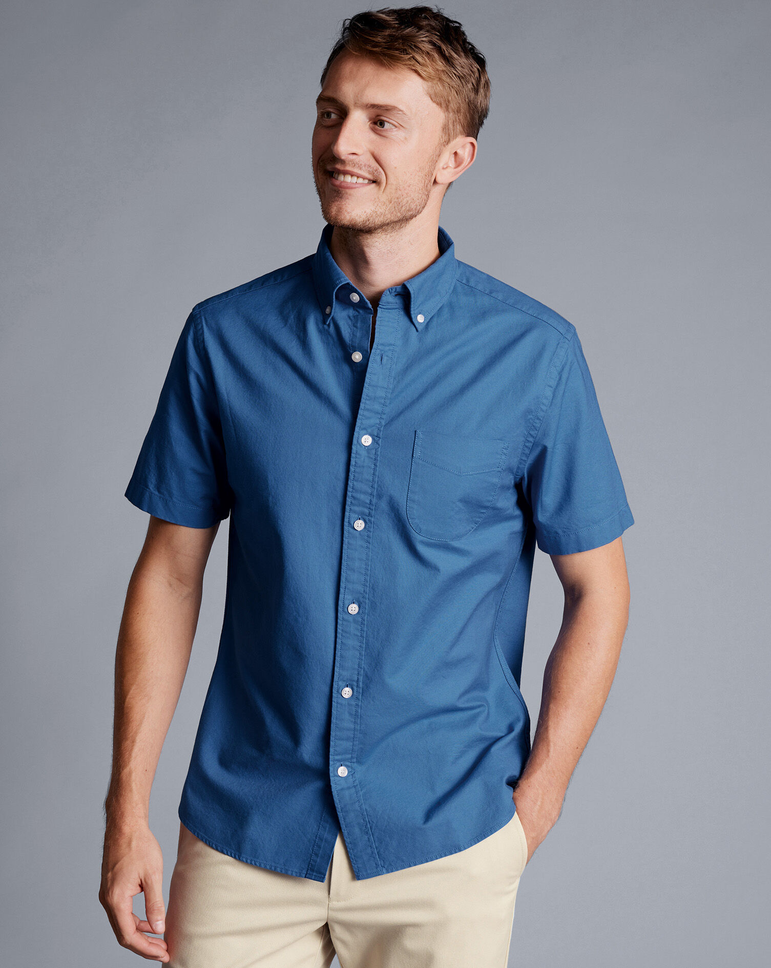 Button-Down Collar Washed Oxford Short Sleeve Shirt  - Ocean Blue