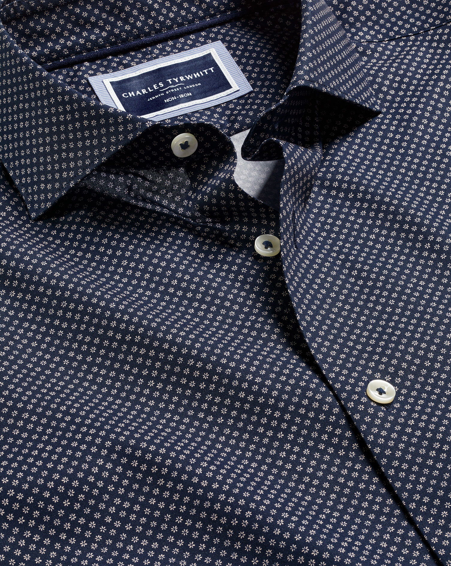 Semi-Spread Collar Mini Floral Print Non-Iron Shirt - Navy Blue