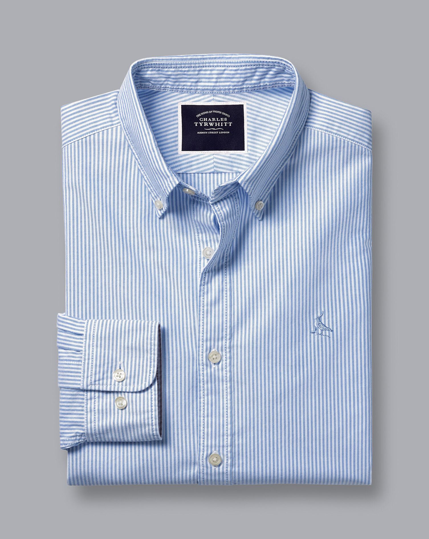 Button-Down Collar Washed Oxford Stripe Shirt - Ocean Blue