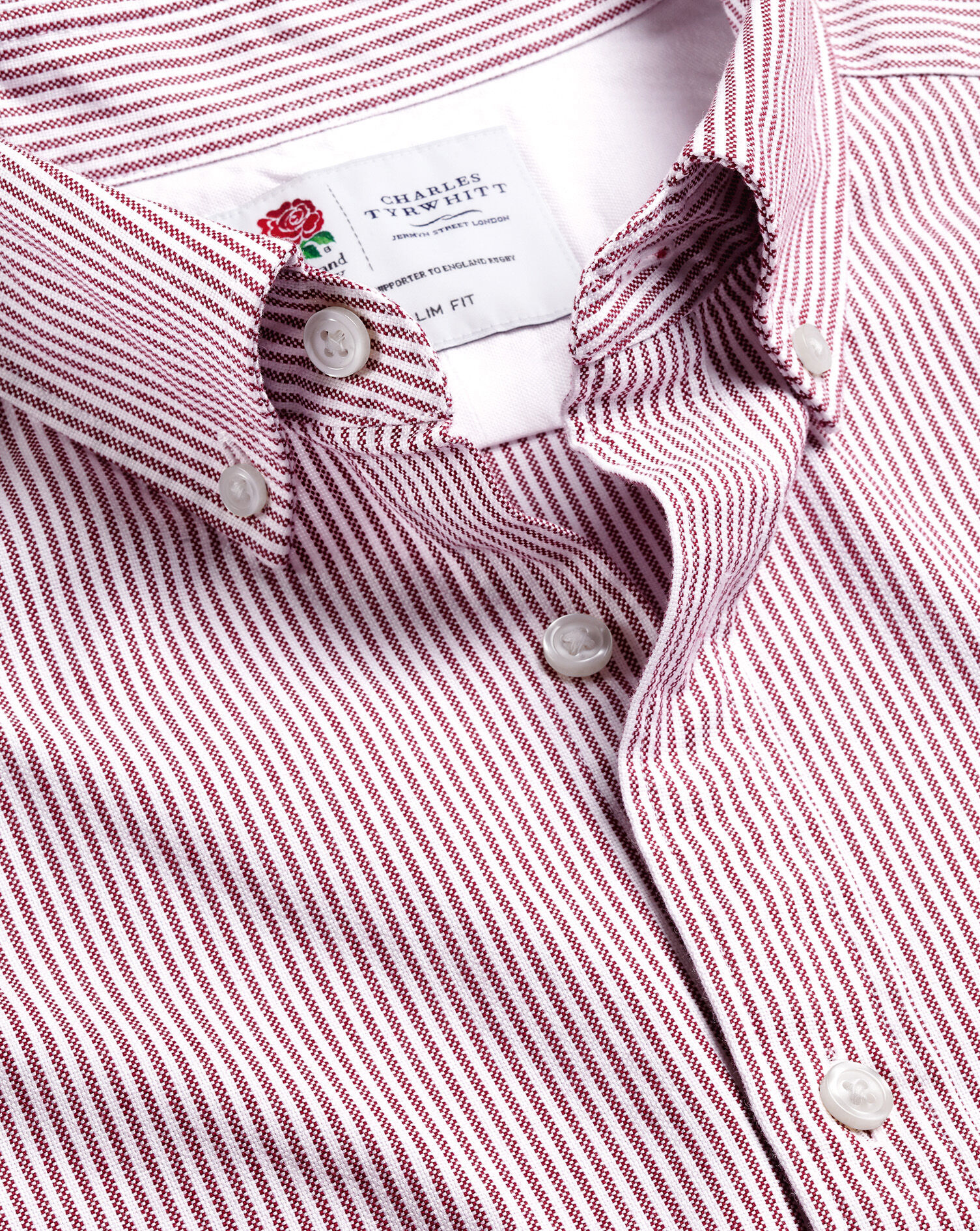 England Rugby Button-Down Collar Washed Oxford Stripe Shirt - Wine Red