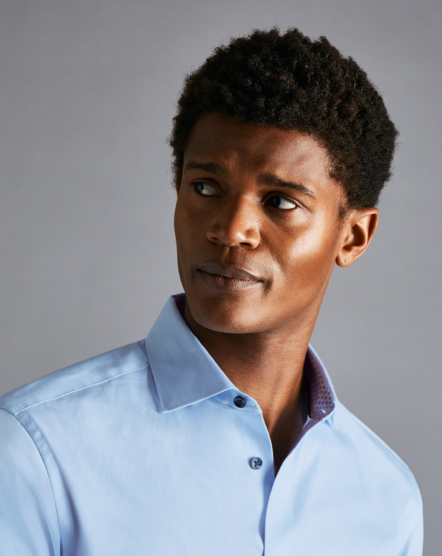 Semi-Spread Collar Twill Printed Trim Shirt - Sky Blue