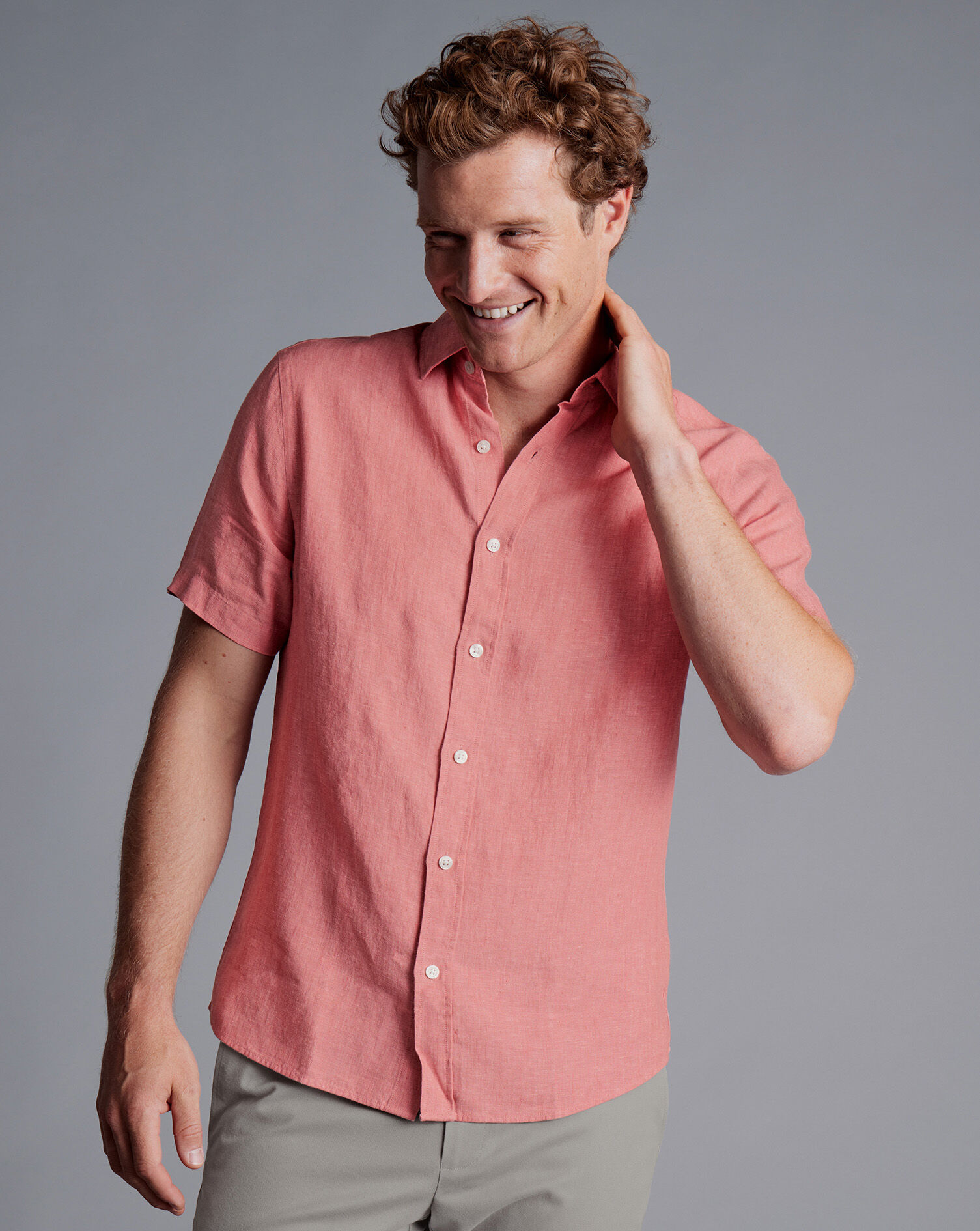 Pure Linen Short Sleeve Shirt - Salmon Pink