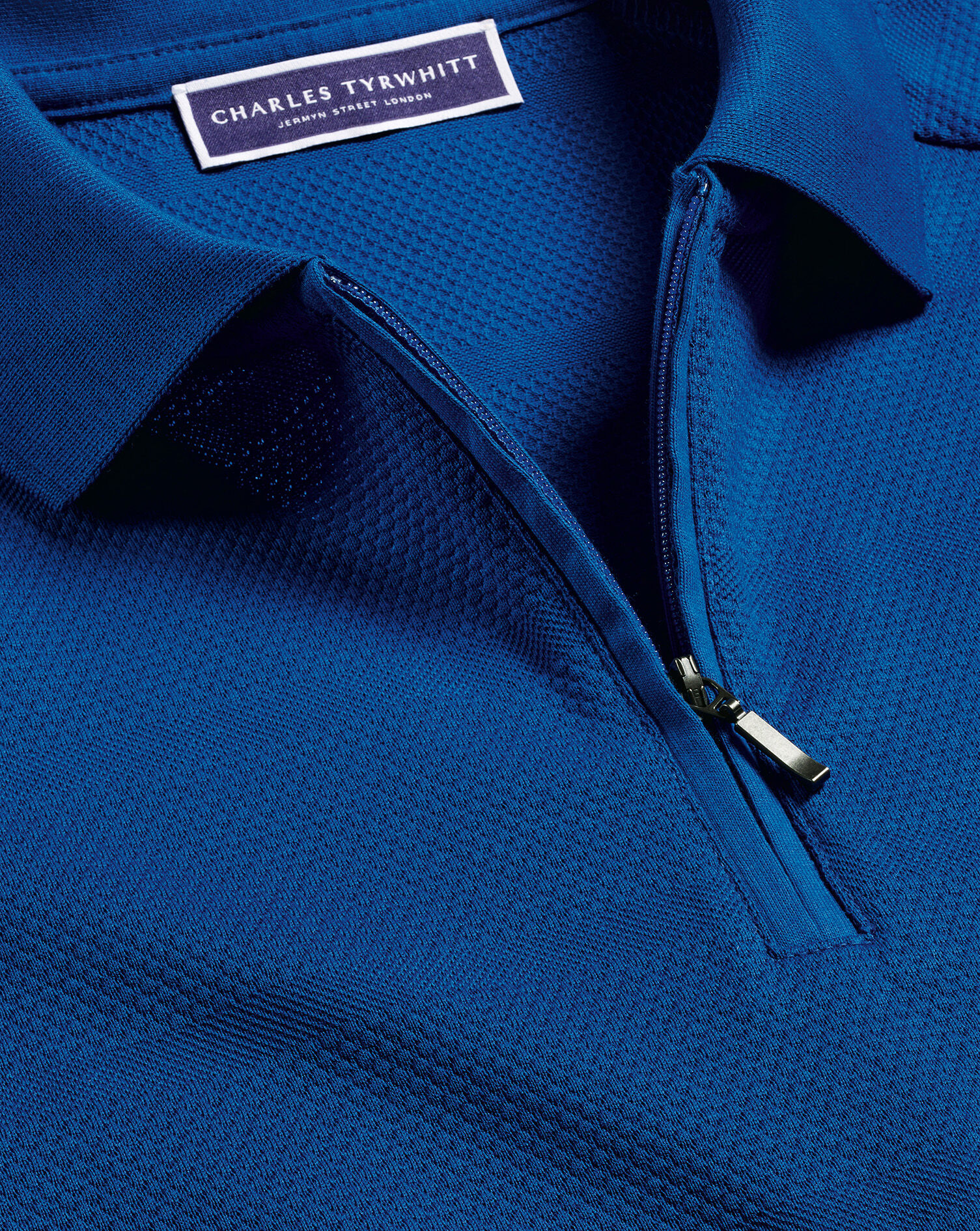 Popcorn Textured Tyrwhitt Cool Zip-Neck Polo - Cobalt Blue