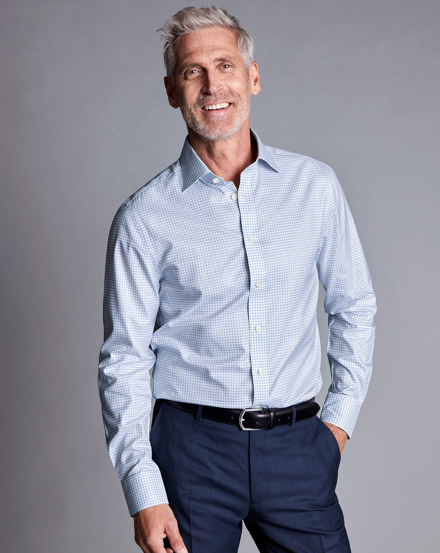 Semi-Spread Collar Egyptian Cotton Check Shirt - Ocean Blue