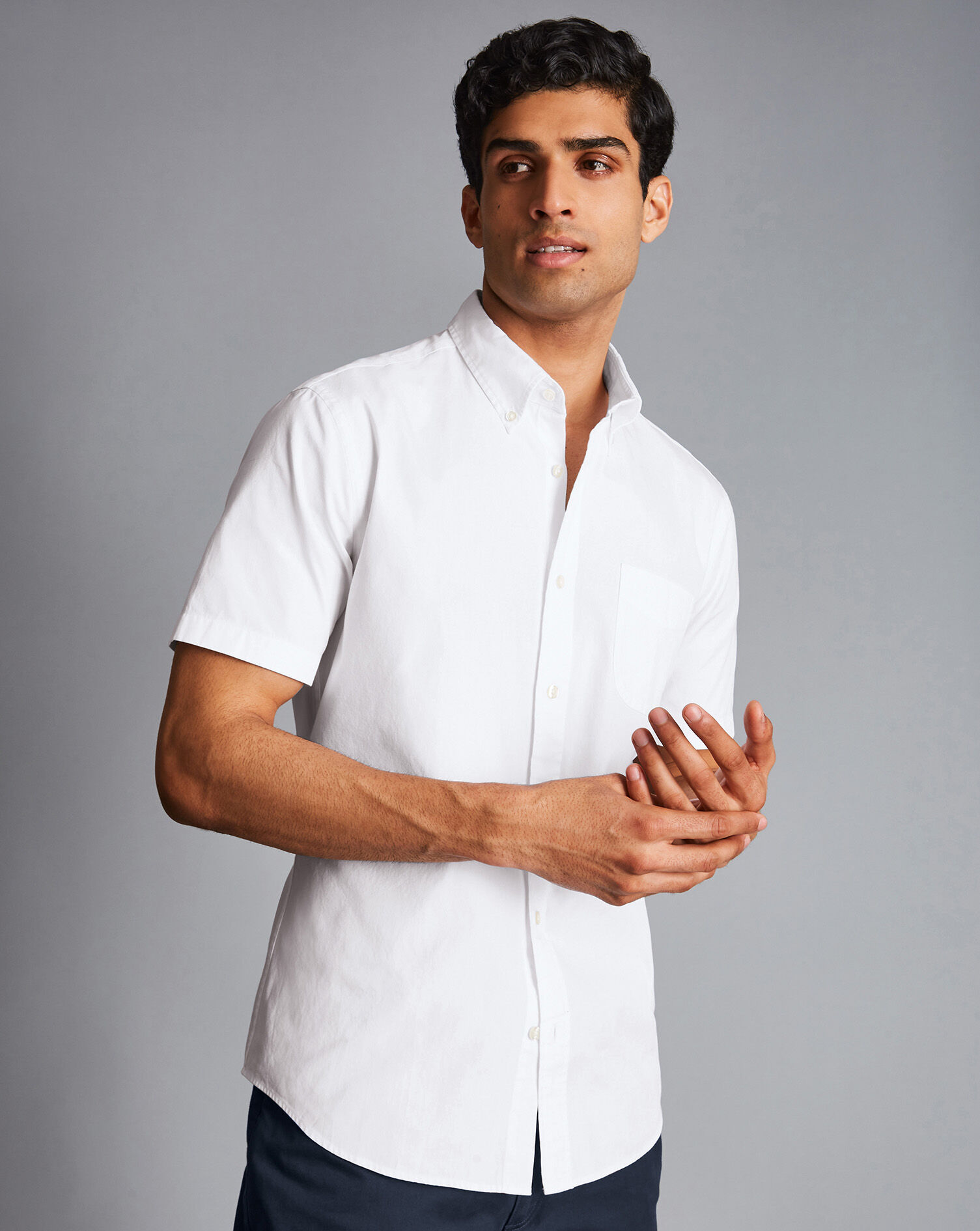 Button-Down Collar Washed Oxford Short Sleeve Shirt - White