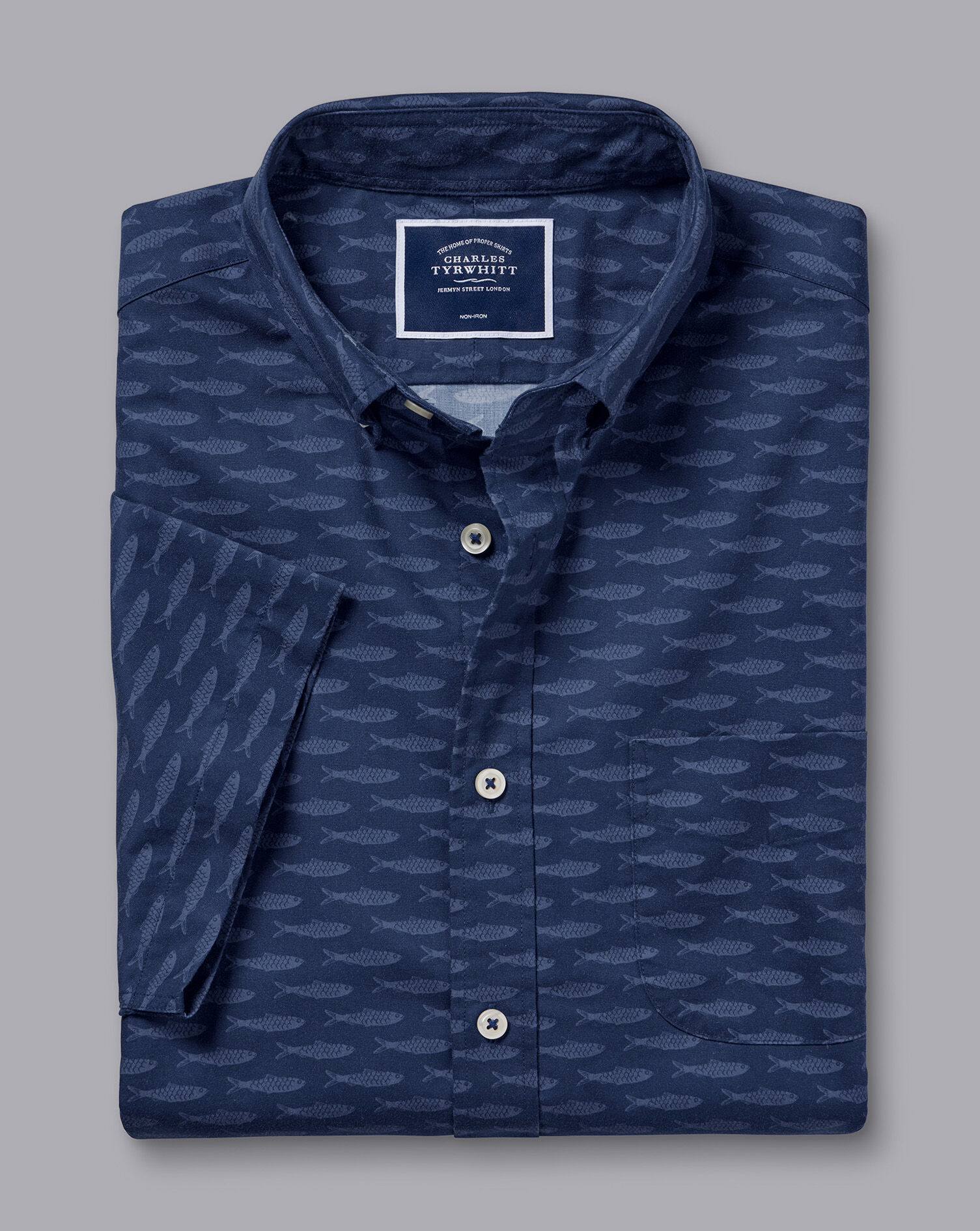 Button-Down Collar Non-Iron Stretch Poplin Fish Print Short Sleeve Shirt - Navy