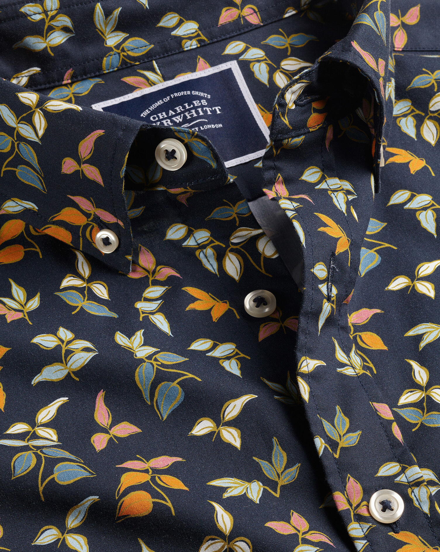 Button-Down Collar Non-Iron Stretch Poplin Multi Leaf Print Short Sleeve Shirt - Navy