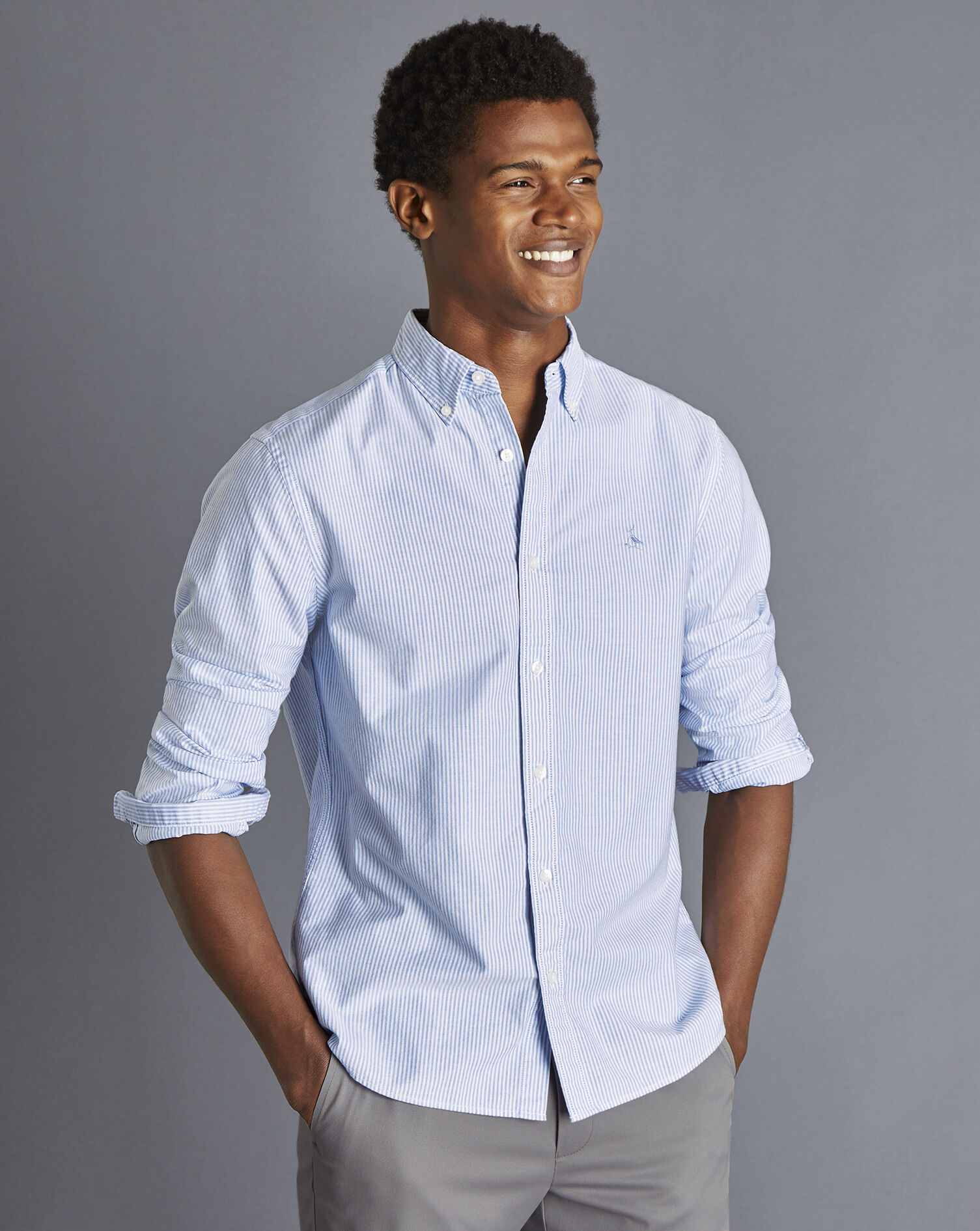 Button-Down Collar Washed Oxford Stripe Shirt - Ocean Blue