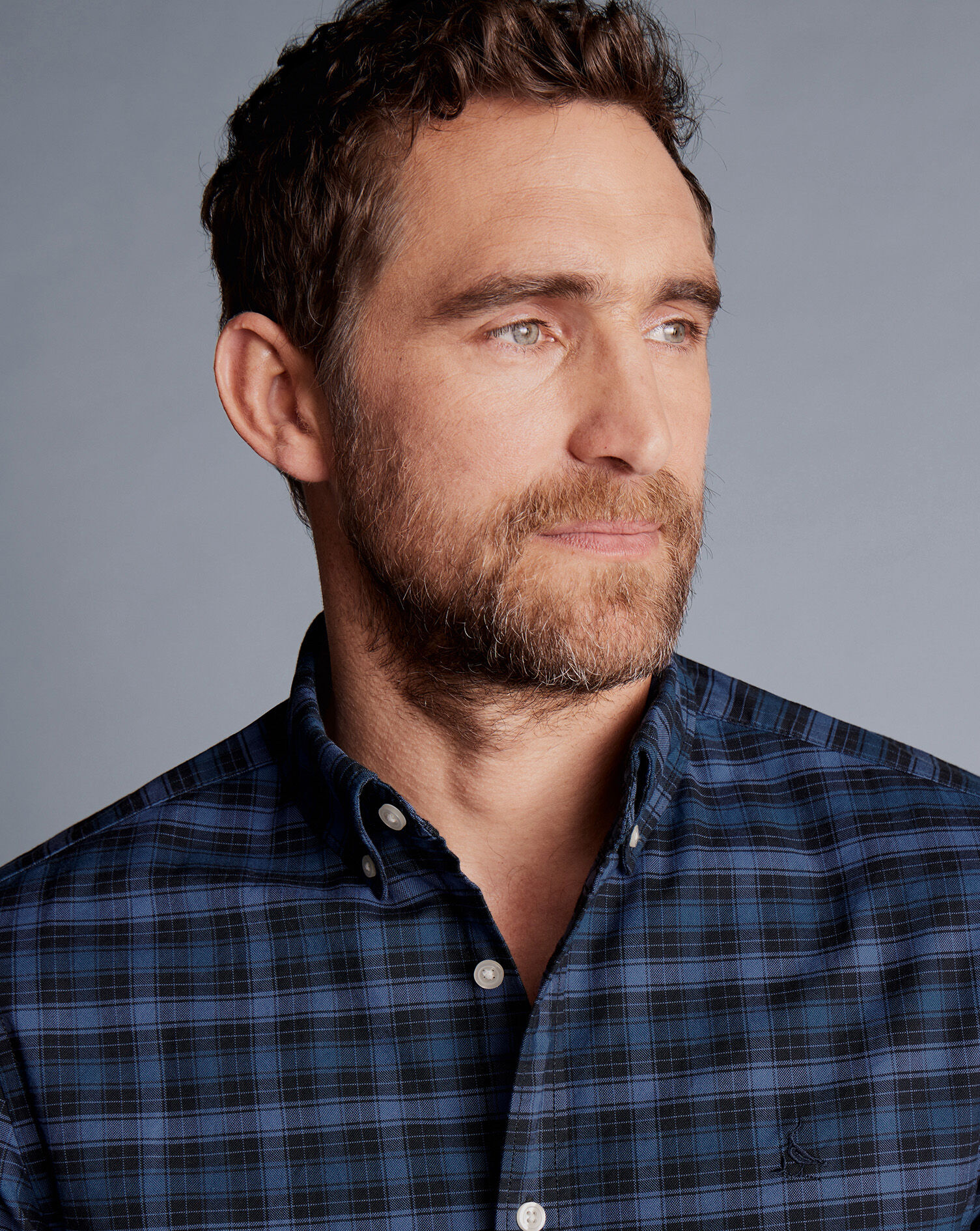 Button-Down Collar Washed Oxford Check Shirt - Indigo Blue