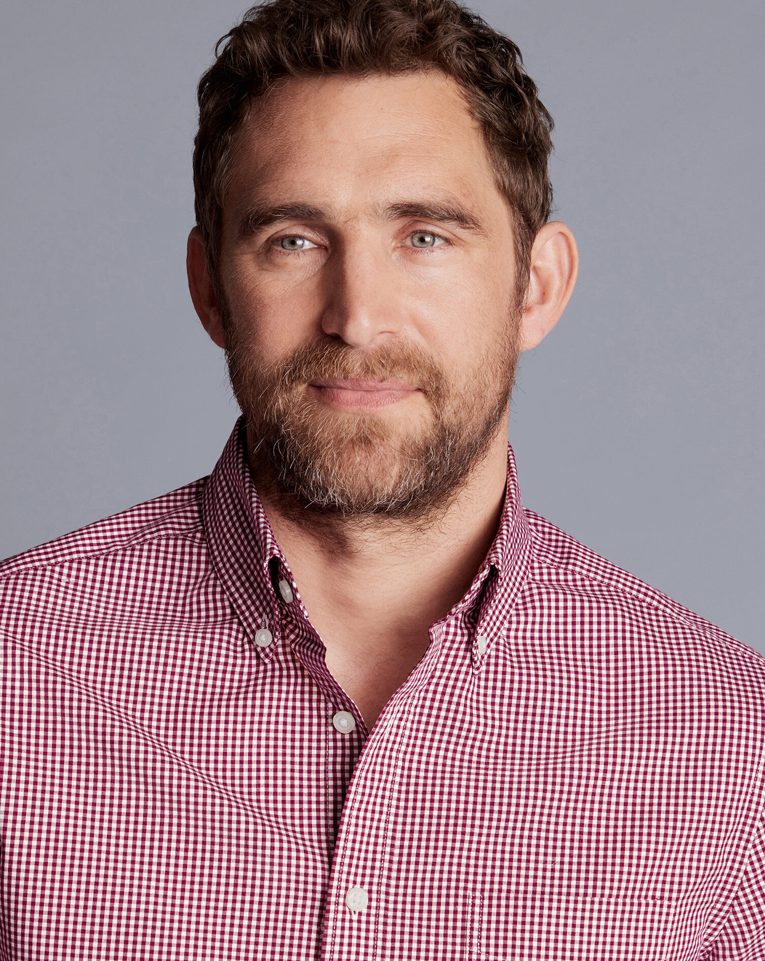 Button-Down Collar Non-Iron Stretch Poplin Mini Gingham Shirt - Raspberry Pink