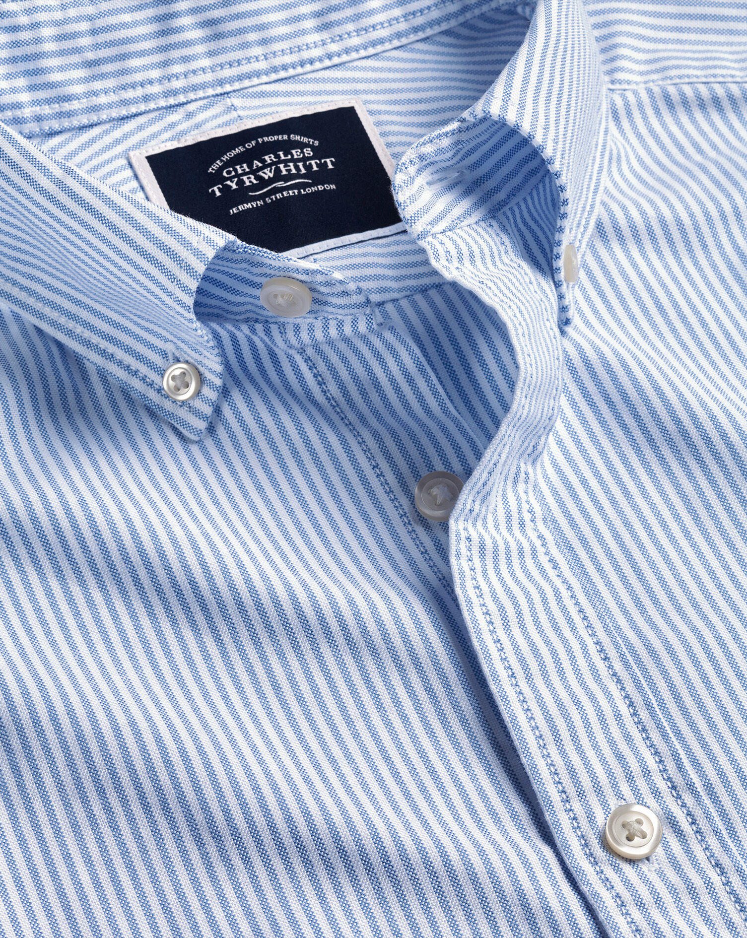 Button-Down Collar Washed Oxford Stripe Short Sleeve Shirt - Ocean Blue