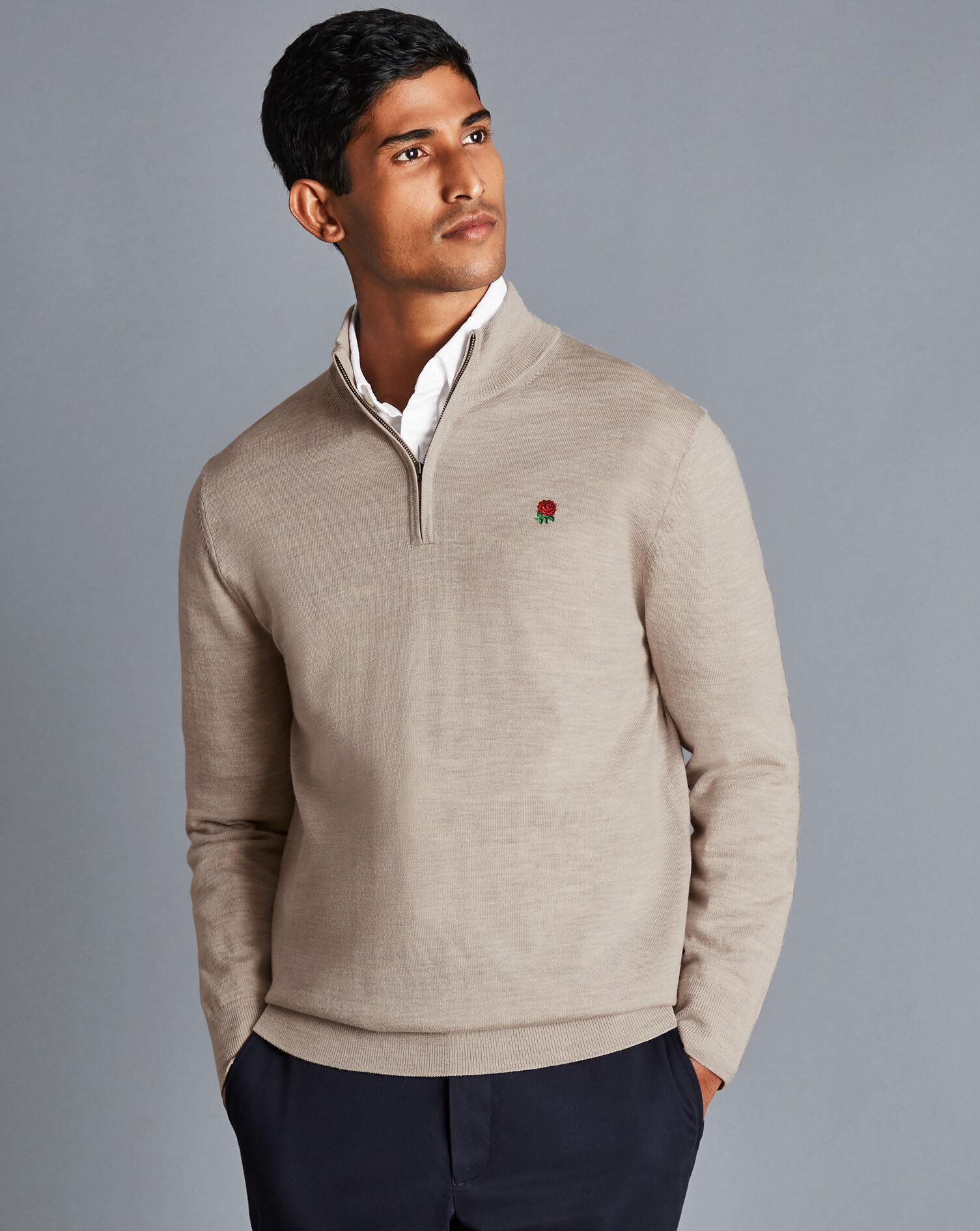 England Rugby Merino Zip Neck Sweater - Limestone