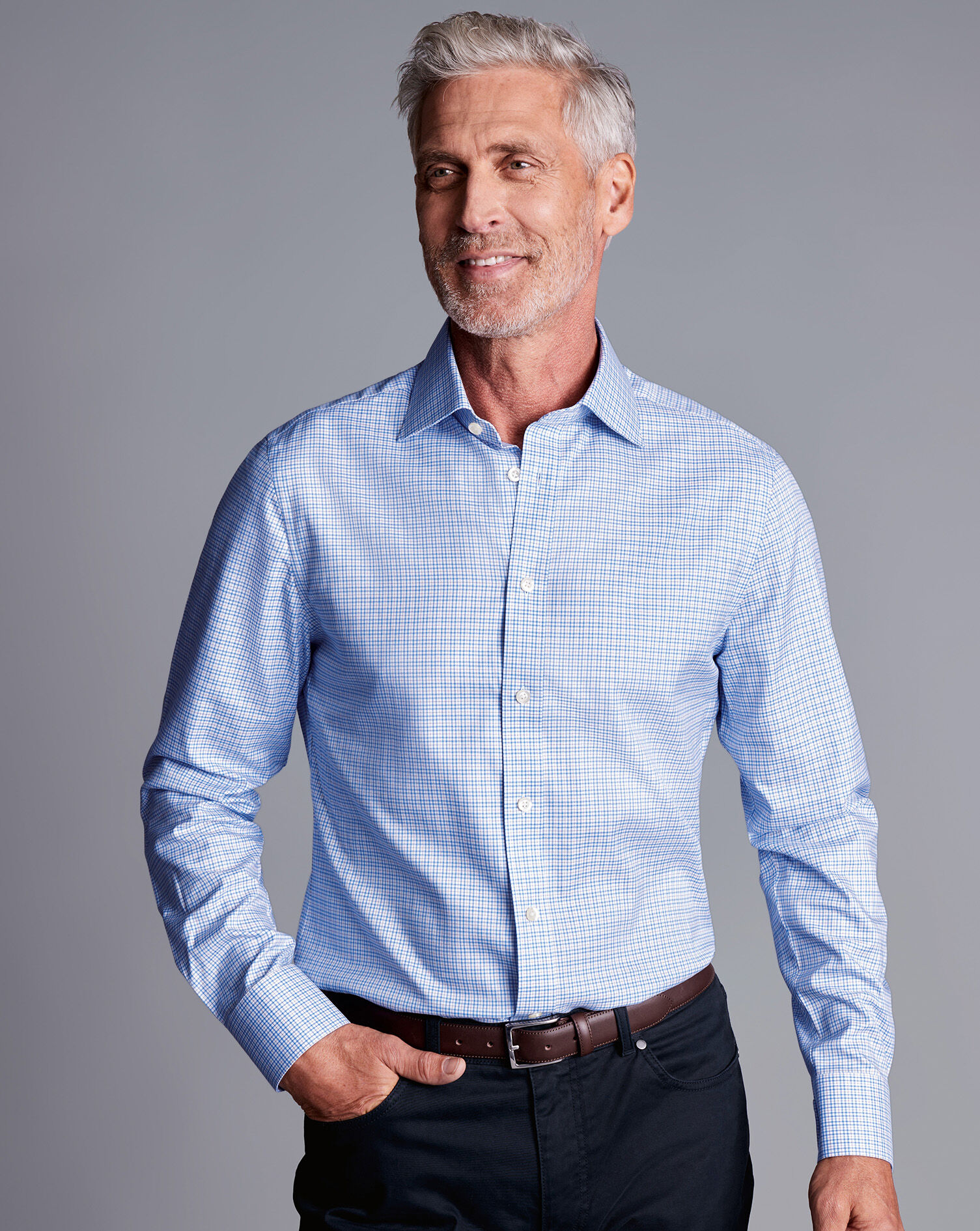 Semi-Spread Collar Egyptian Cotton Multi Check Shirt - Cornflower Blue