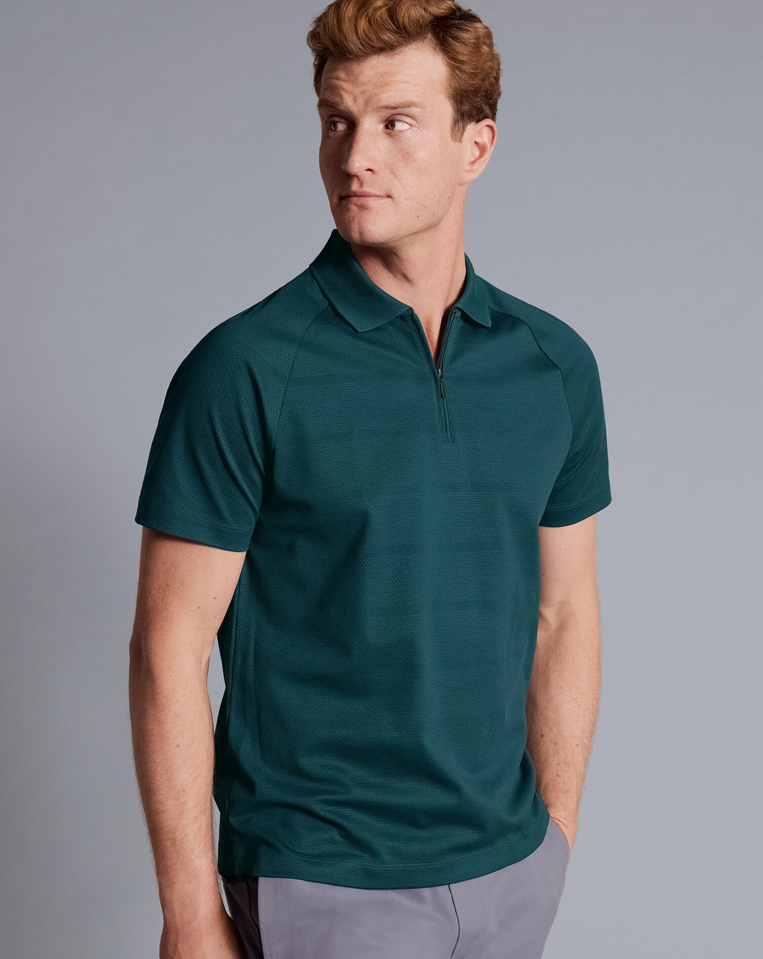 Popcorn Textured Tyrwhitt Cool Zip-Neck Polo - Teal Green